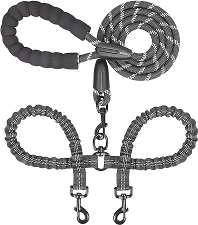 Qpets Dog Leash, Double Dog Leash, Durable Reflective Dog Leash, Soft Paded Handle, Retractable Dogs Leash Anti-Strain Leash Braided Rope No Tangle Dog Leash for Small Medium Large Dogs(Black)
