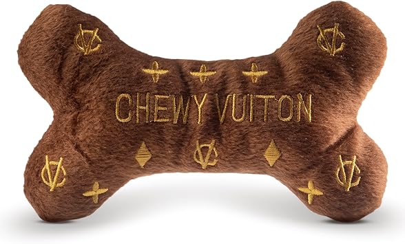 Dog Diggin Designs Chewy Vuiton Plush Dog Toy Bone | Luxury-Inspired Parody Designer Bone with Squeaker, Soft Plush Chew & Play Dog Toy Pret-a-Porter Play!