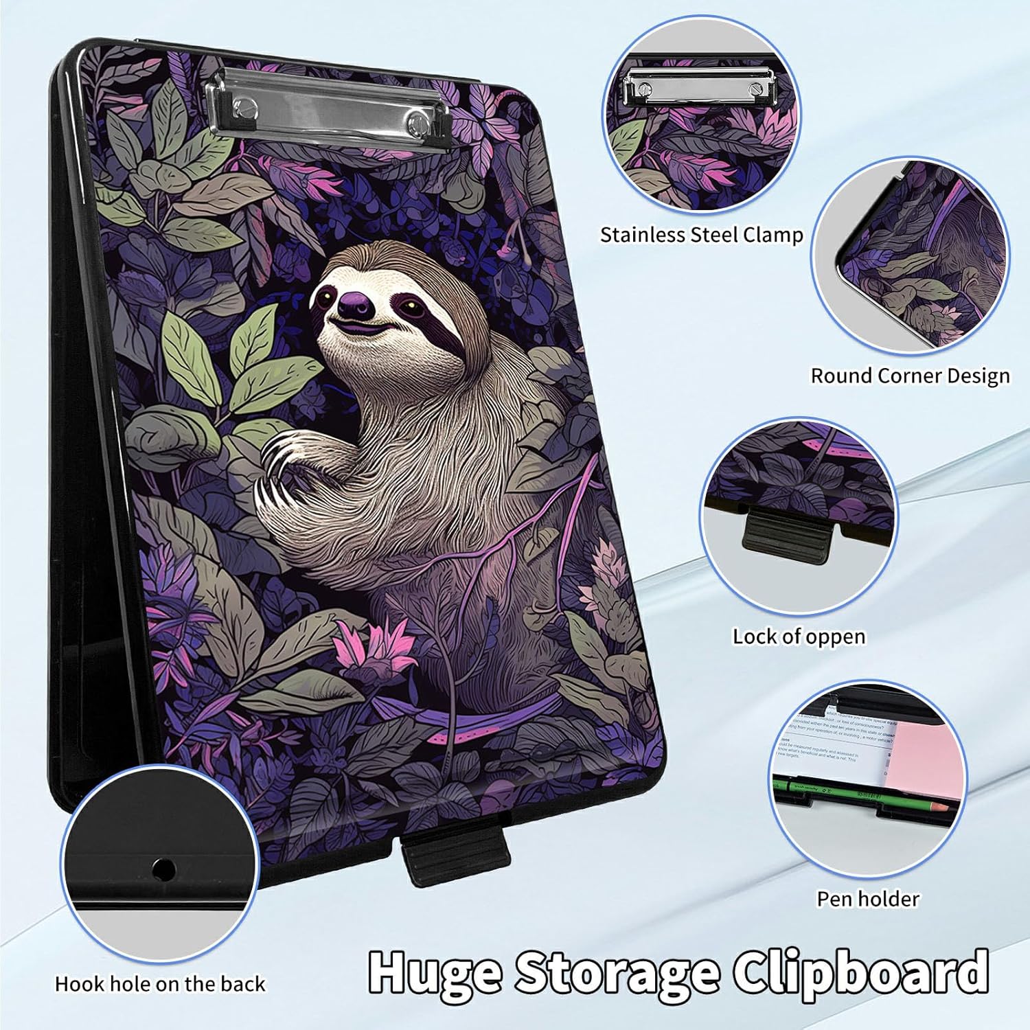 Clipboard with Storage,Plastic Storage Clipboard with Low Profile Clip,Nursing Clipboards with Storage with Pen Holder,for School,Office Supplies,Women, Man,with a Pencil,Cute Sloth Purple