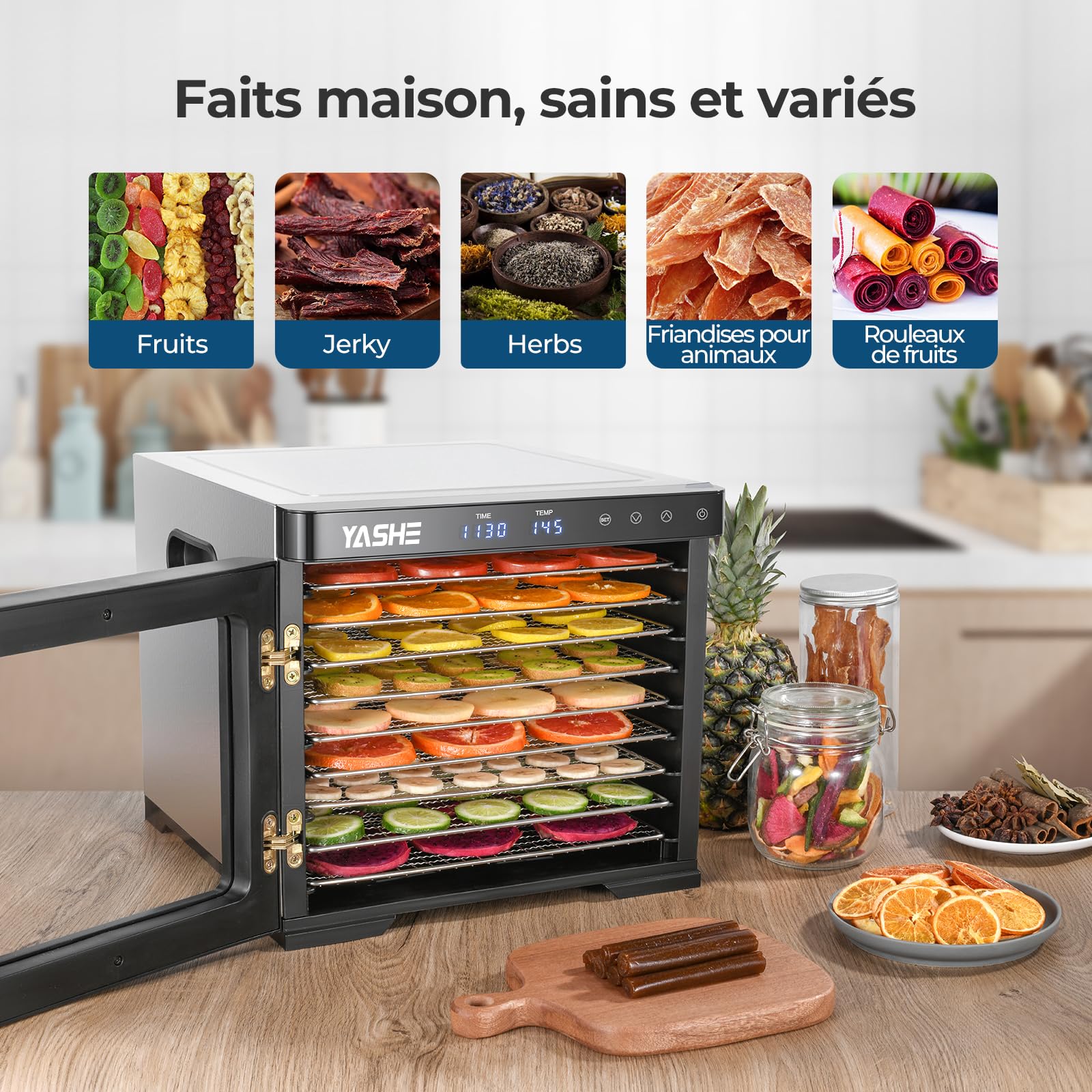 YASHE Déshydrateur Alimentaire en Acier Inoxydable, Température Contrôlée (35-75°C), Minuterie 48 Heures,9 Plateaux en Acier Inoxydable, 2 Tamis à Mailles,1 Plateau pour Rouleaux de Fruits,1000 Watts