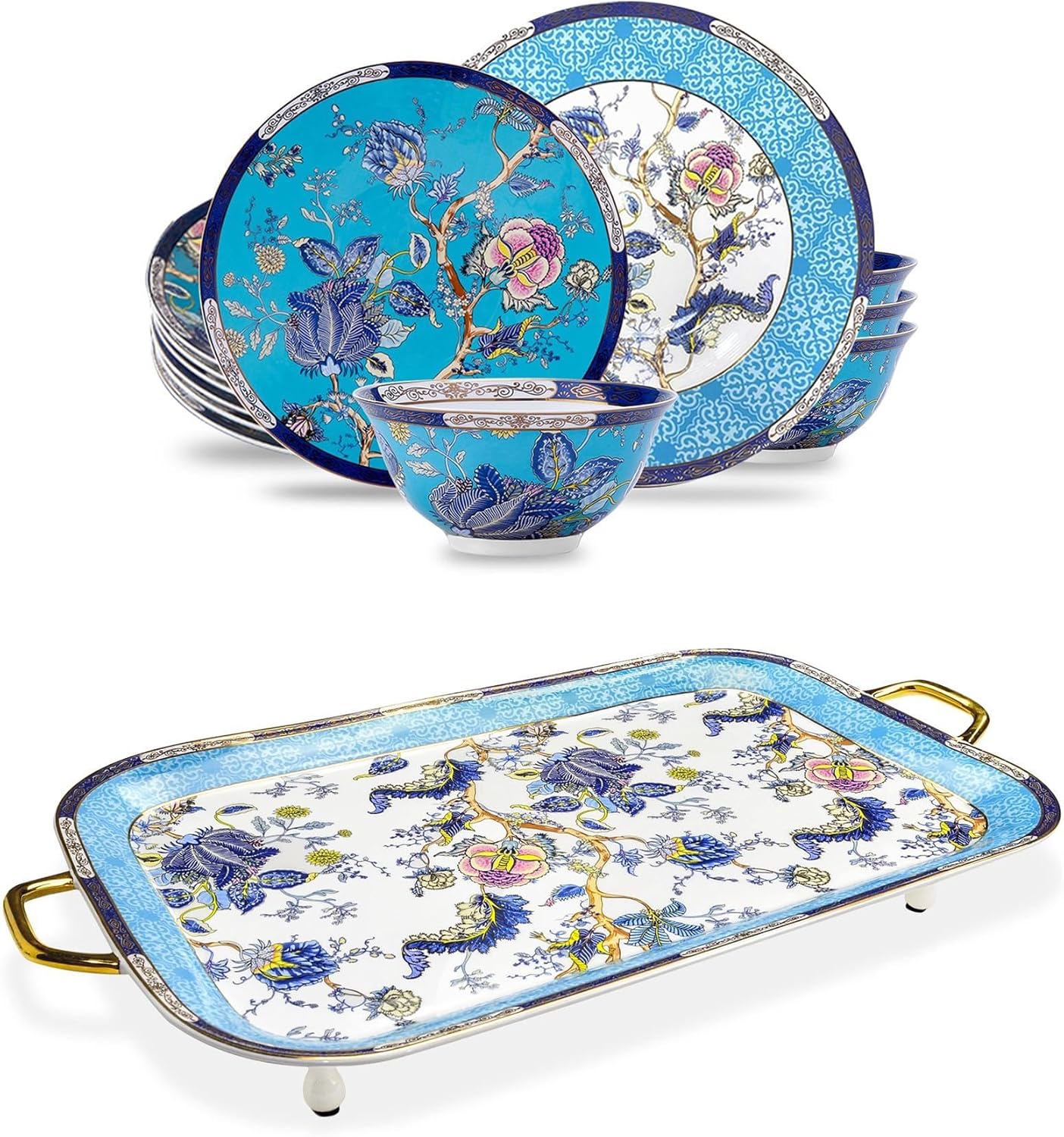 ACMLIFE Bone China Dinnerware Sets for 4, 12-Piece Porcelain Dinnerware Set with Tea Tray, Dinner Plates and Salad/Dessert Plate Set Service for 4 with Bowls, Christmas Gifts for Women