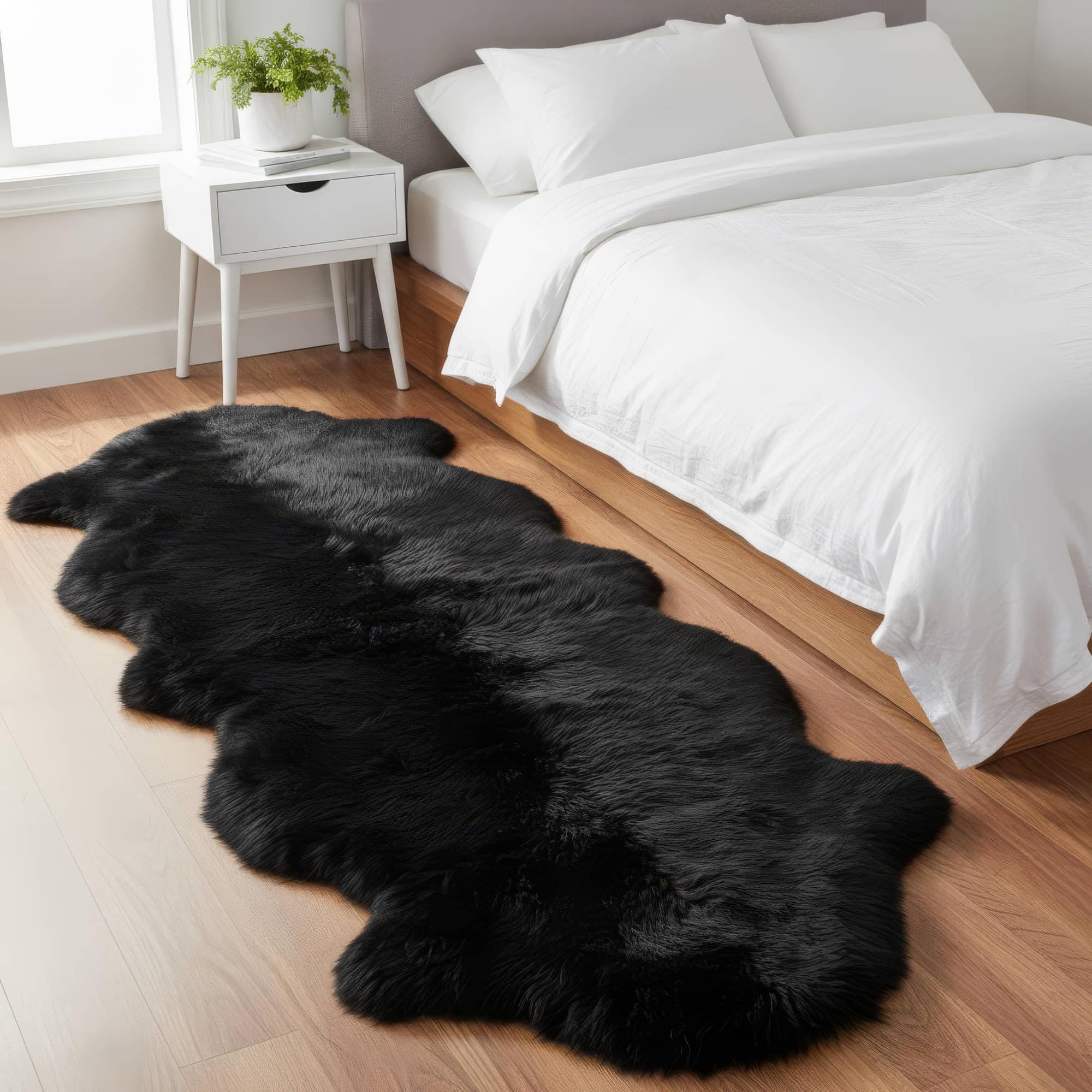 Authentic Black Sheepskin Rug 2x6 ft, Genuine Double Pelt Fluffy Fur Area Rug for Bedroom, Living Room & Home Decor, Soft Natural Sheep Skin Throw