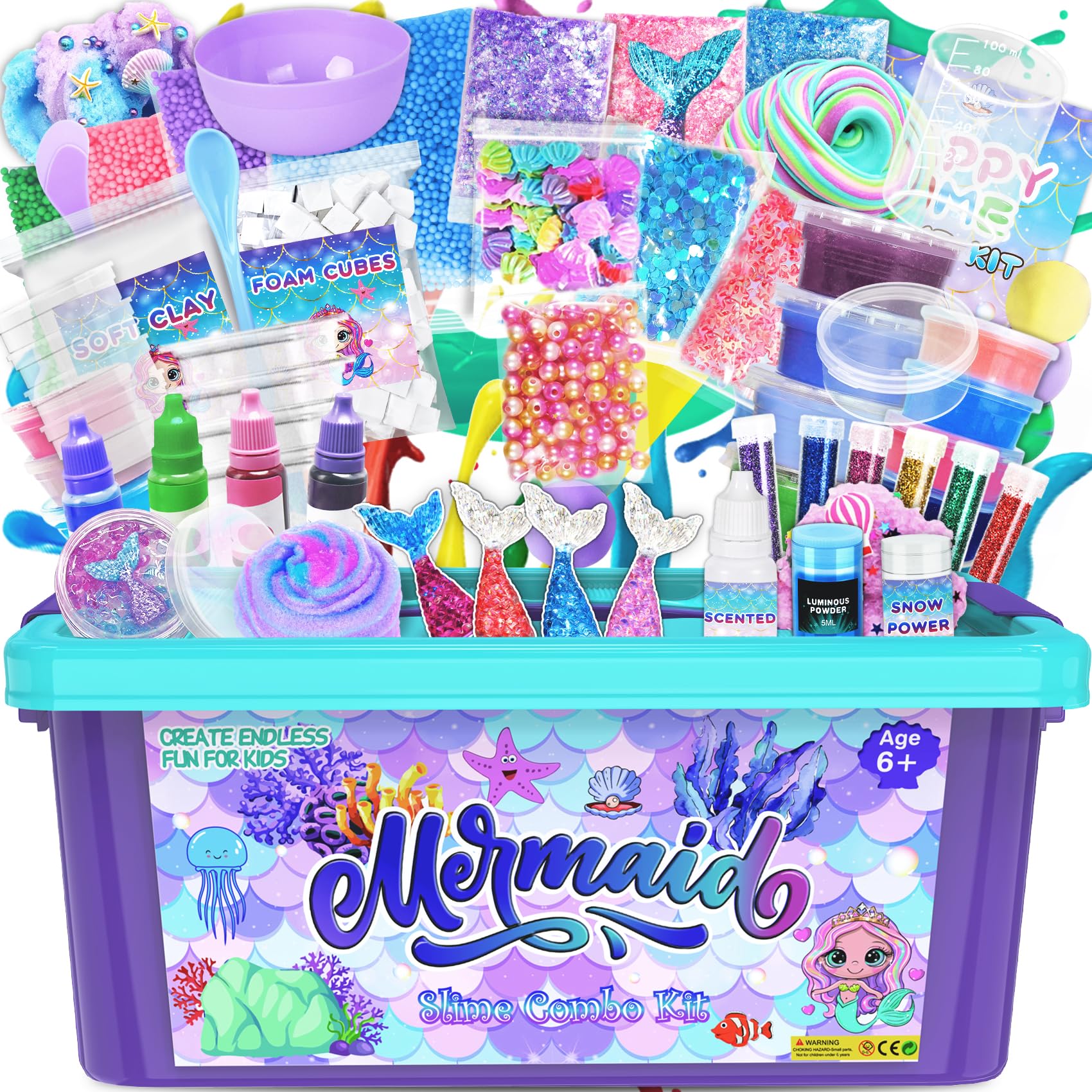 Eunvabir Mermaid Slime Kit for Girls Over 10 Years Old, Glow in the Dark Butter Slime DIY Making Kit, Ready Made Fluffy Glitter Cloud Christmas Valentine Toys, Kids Birthday Party Favors, Friends