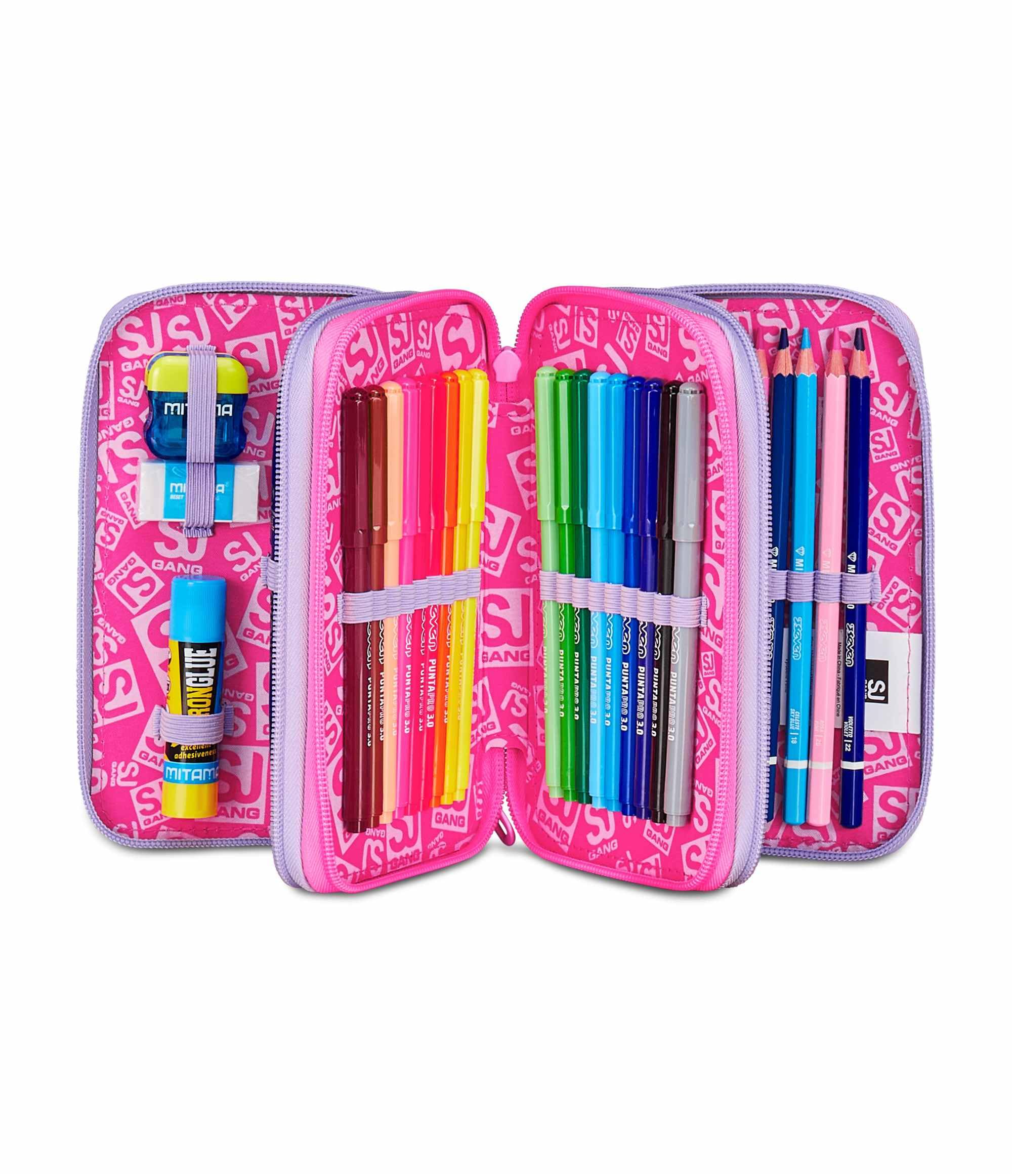 Astuccio Scuola 3 Zip Fucsia Portapenne Triplo Scomparto Completo Penne Matite Colori