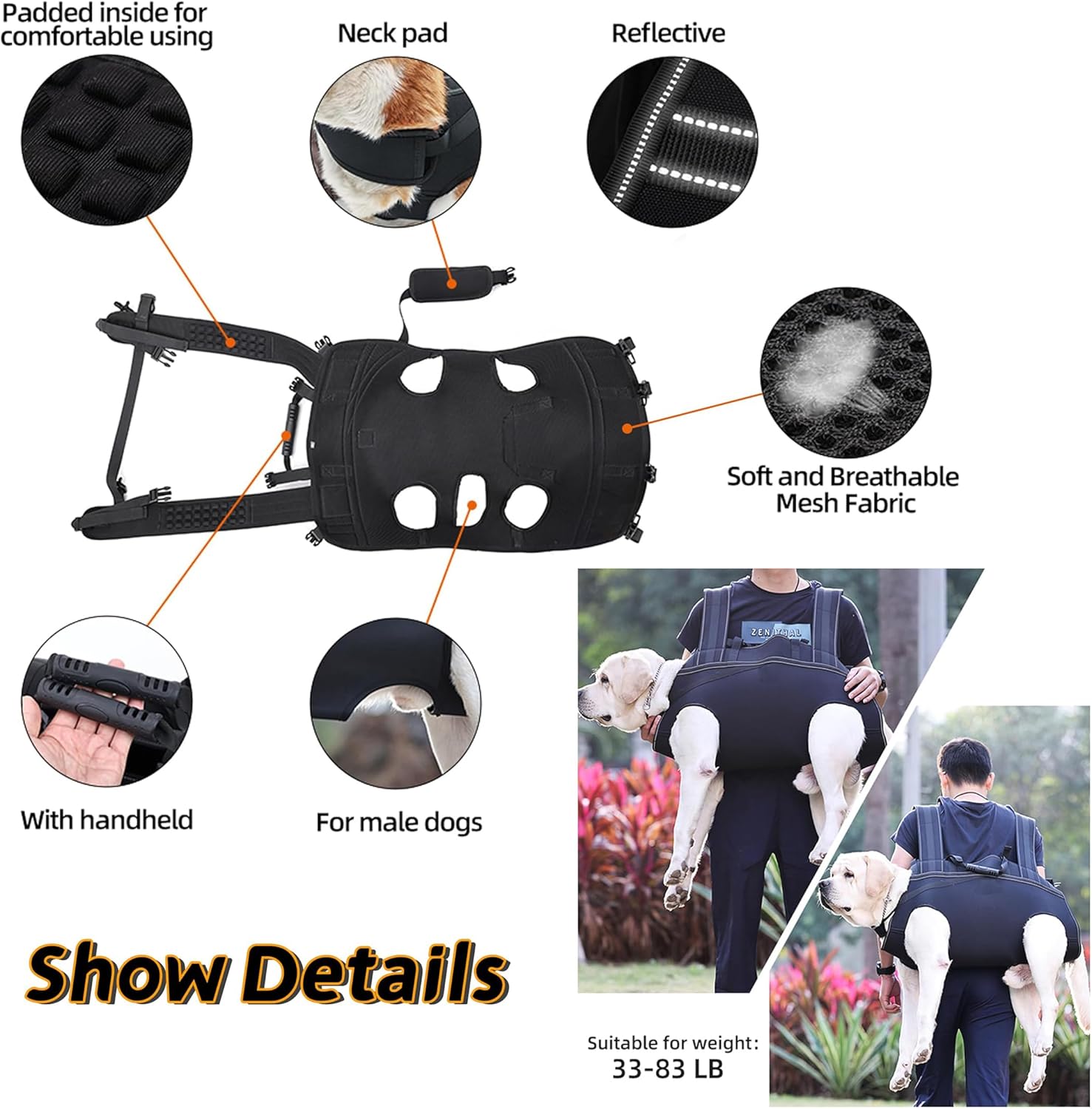 LIU&LIU Large Dog Backpack,Full Body Support Sling with Handle,Old Joint Injuries,Arthritis,Black,XXL