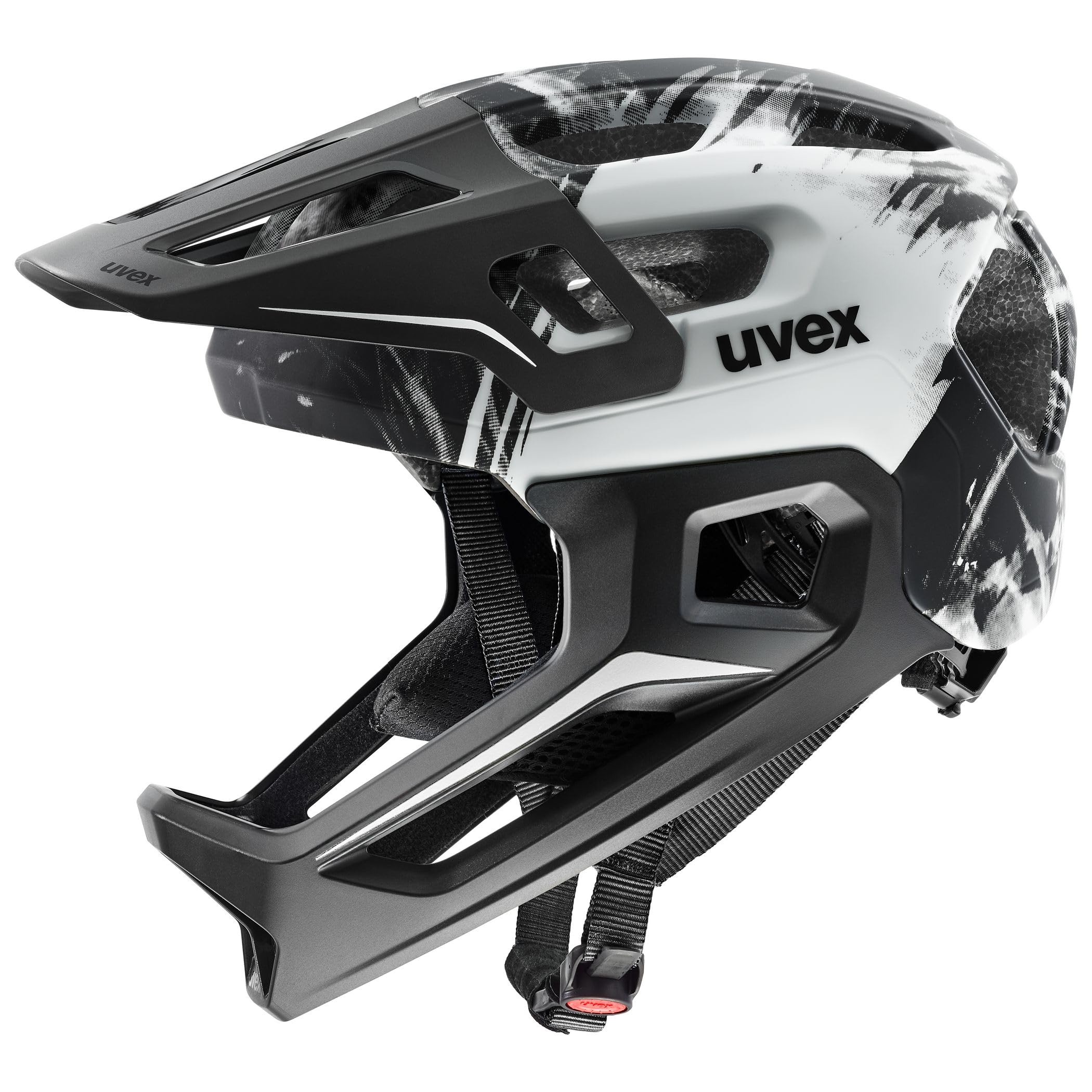 uvex React jr.fullface - sicherer MTB Fahrradhelm für Kinder - individuelle Größenanpassung - Abnehmbarer Kinnschutz - Black-White matt - 52-56 cm