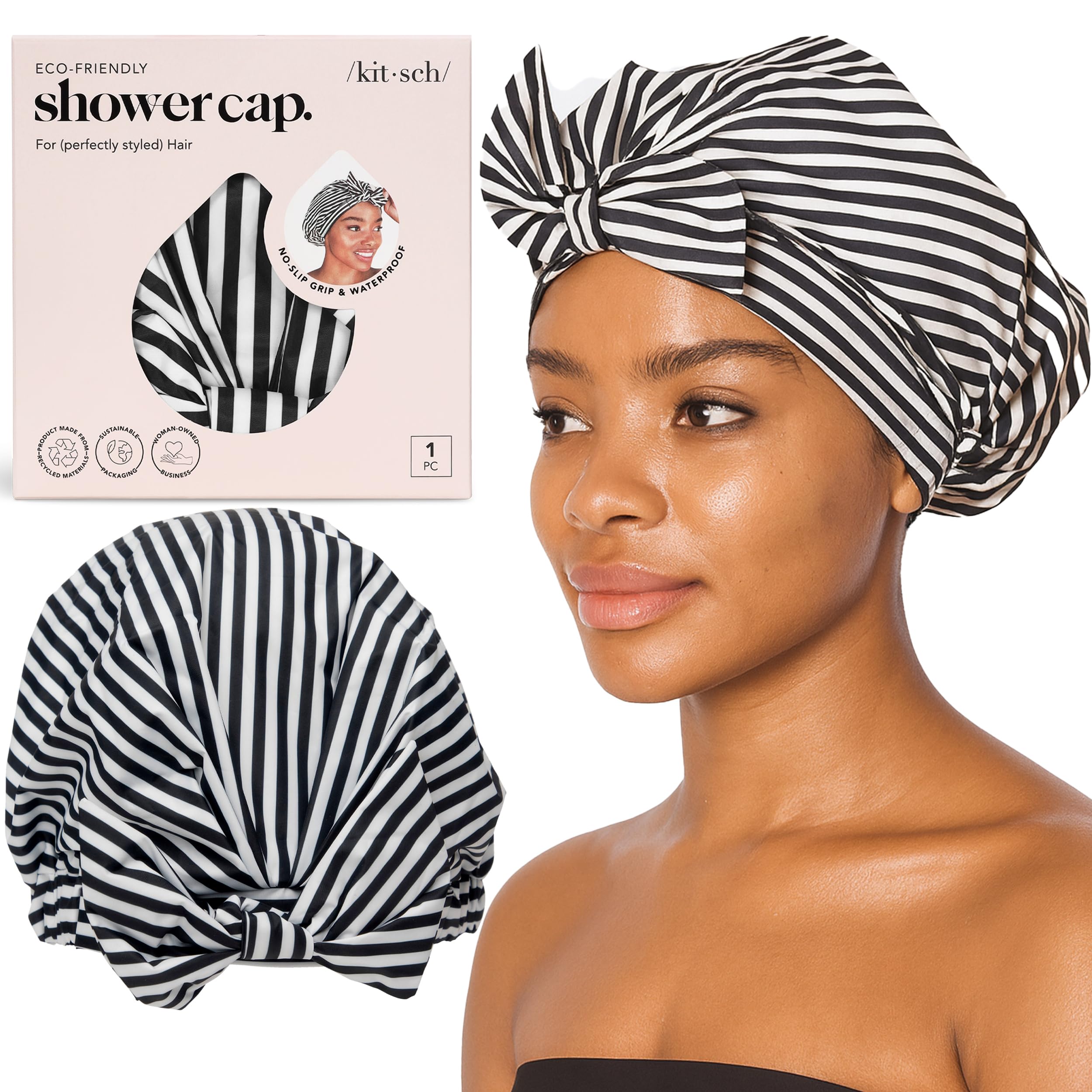 Kitsch Women's Luxury Shower Cap - Waterproof, Reusable Shower Cap (Black and White Stripe)