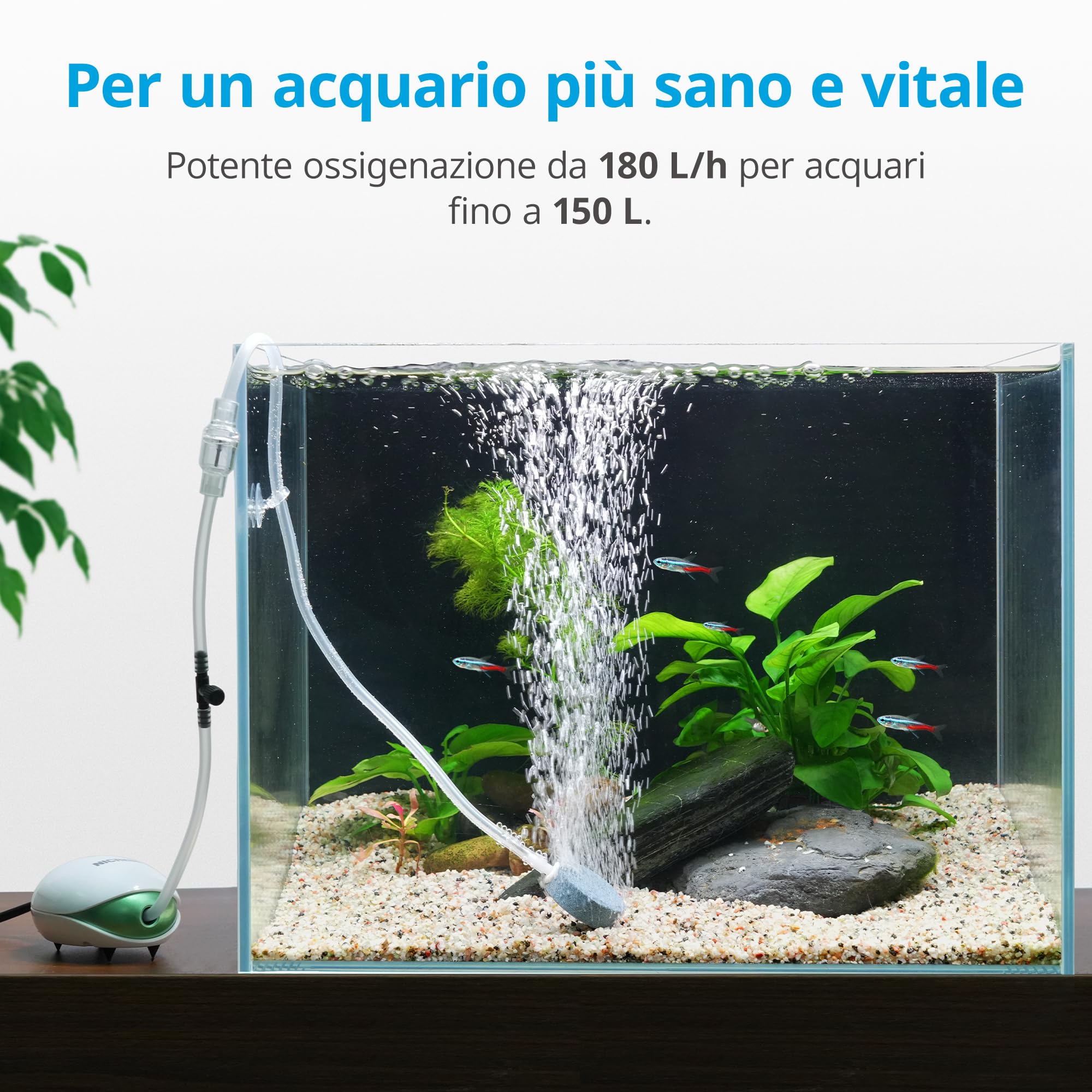 NICREW Ossigenatore per Acquario Ultra Silenzioso fino a 150 L con Flusso Regolabile, Pompa d'Aria per Acquario <35 dB Dotata di Tubo dell'Aria, Pietra e Valvola di Non Ritorno