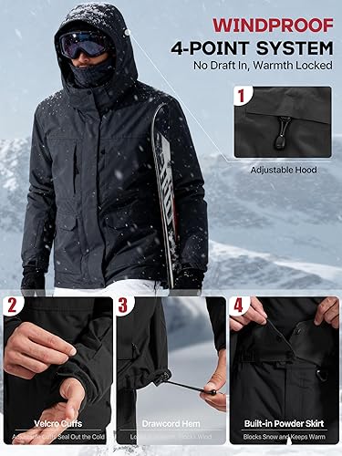 Miniatura 5 de FREE SOLDIER Chaqueta de esquí impermeable para hombre, con forro polar, abrigo de nieve cálido de invierno con capucha costuras totalmente selladas