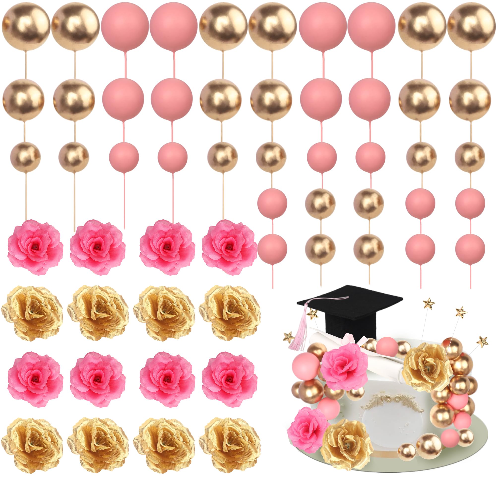 2026 Graduation Cake Topper Decoration Diploma Done Grad Cap Cake Pick Balloon Flower Prom 2026 Graduation Cake Decorations for Class of 2026 Congrats Grad Party Cake Supplies Black Pink
