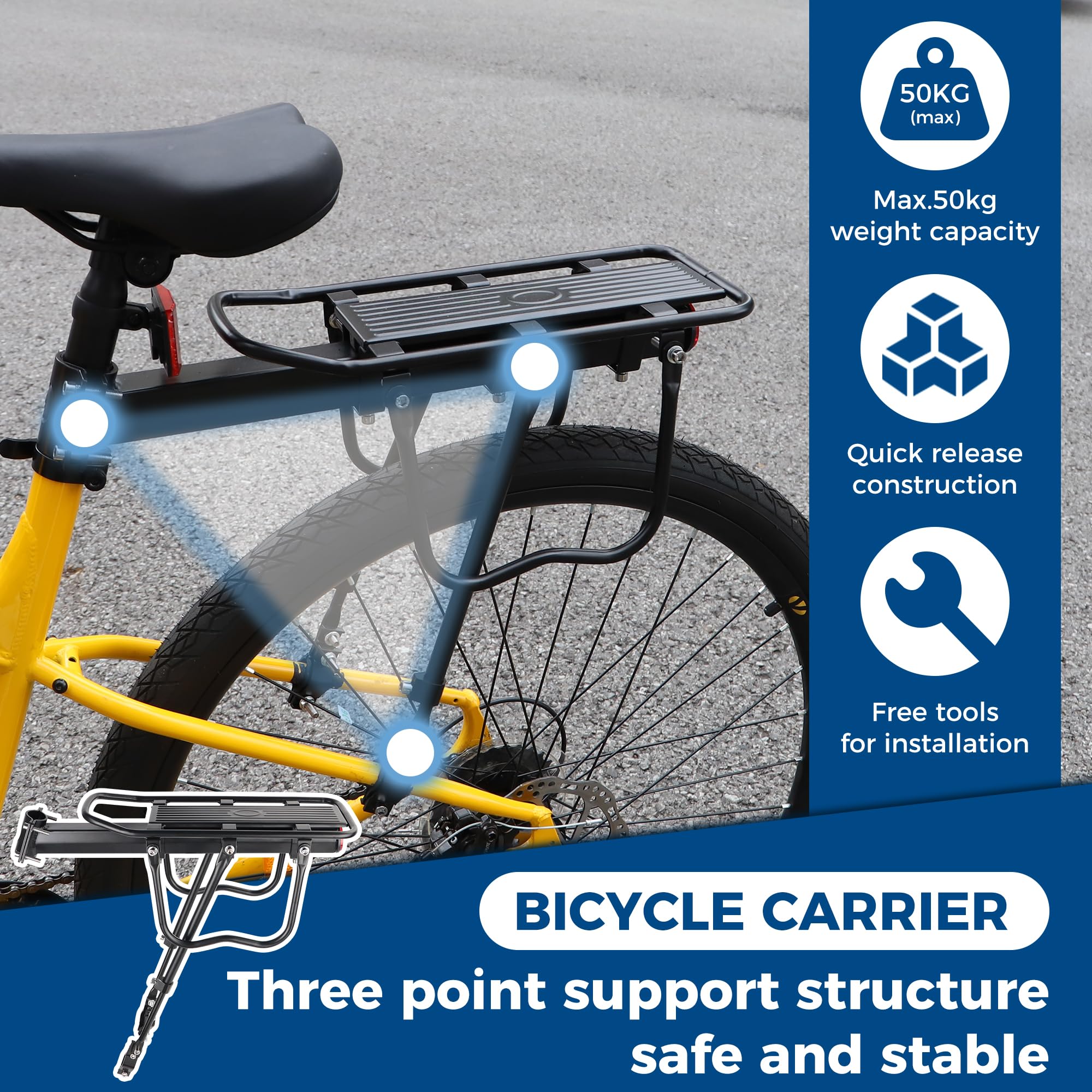 Bagażnik rowerowy tylny Touring maksymalne obciążenie 50 kg, stop aluminium, regulowana wysokość nośna, nadaje się do rowerów 22-29", 700C, do rowerów górskich, wyścigowych