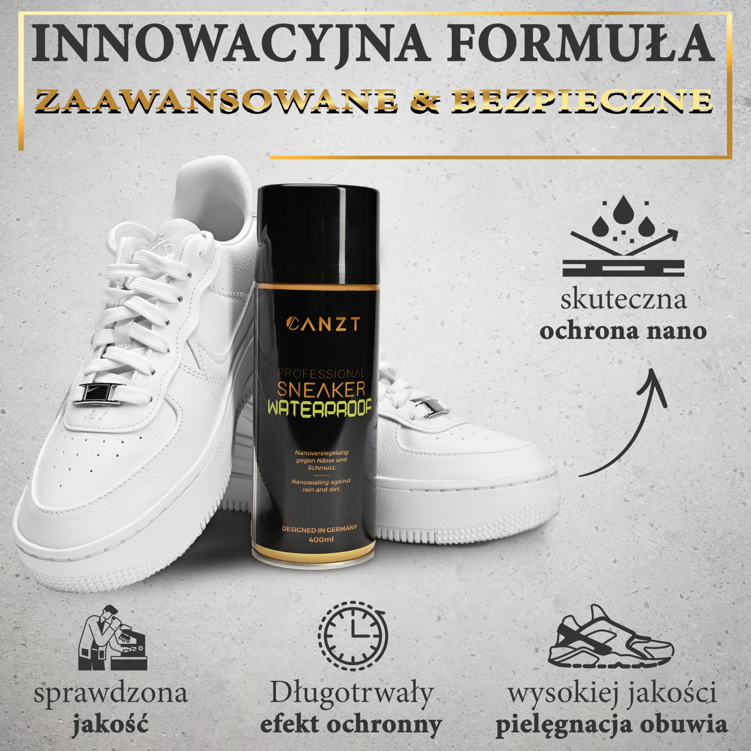 Canzt Impregnat do Butów 400 ml – Spray Ochronny do Skóry, Zamszu, Nubuku i Tkanin – Wodoodporny i Oddychający Preparat do Sneakersów i Obuwia Outdoorowego