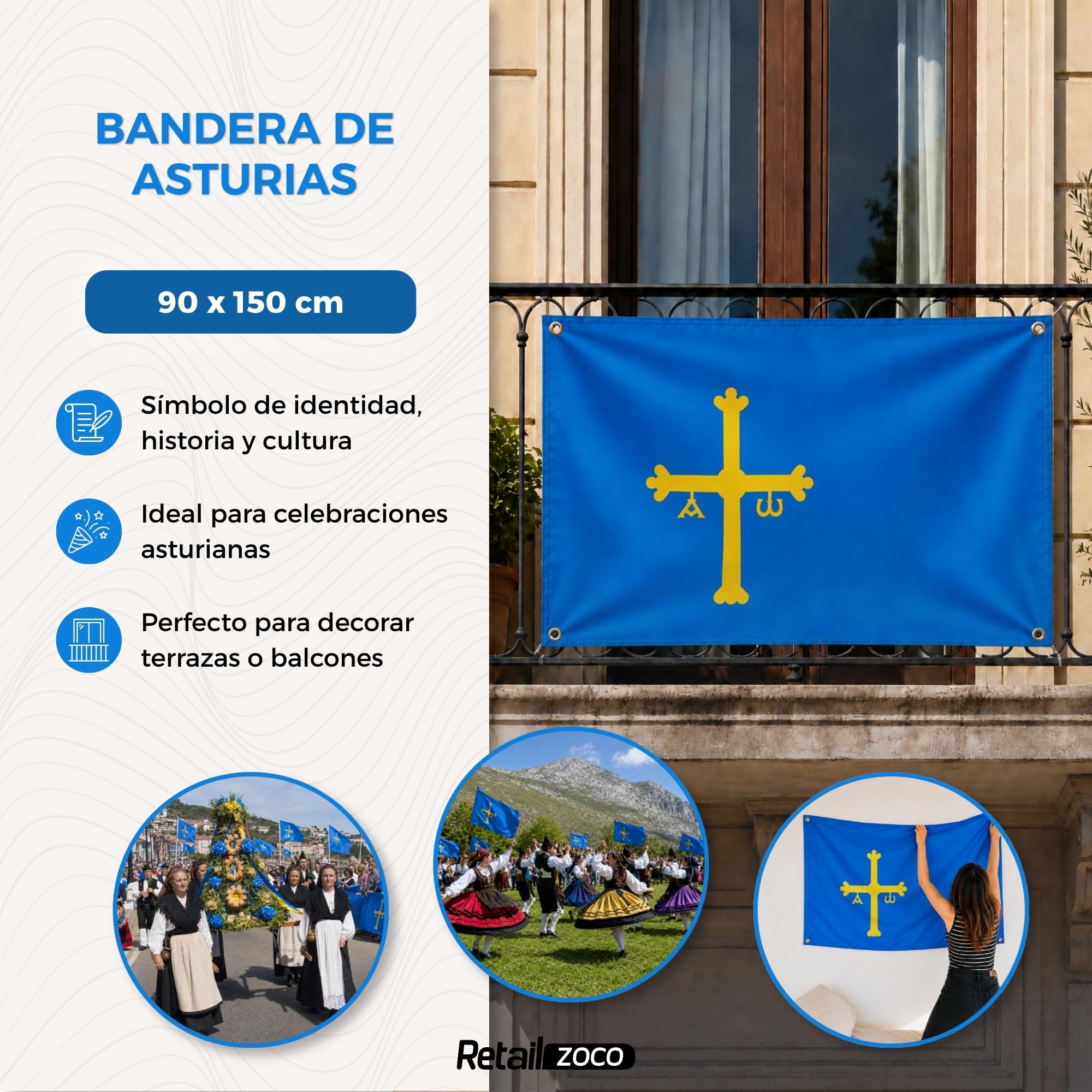 Bandera Asturias 90x150cm, Bandera Cruz de la Victoria con 4 Ojales de Latón, Asturias flag, Banderas de Comunidades para exterior, Material Poliéster, Impresión ambas caras - imagen 4
