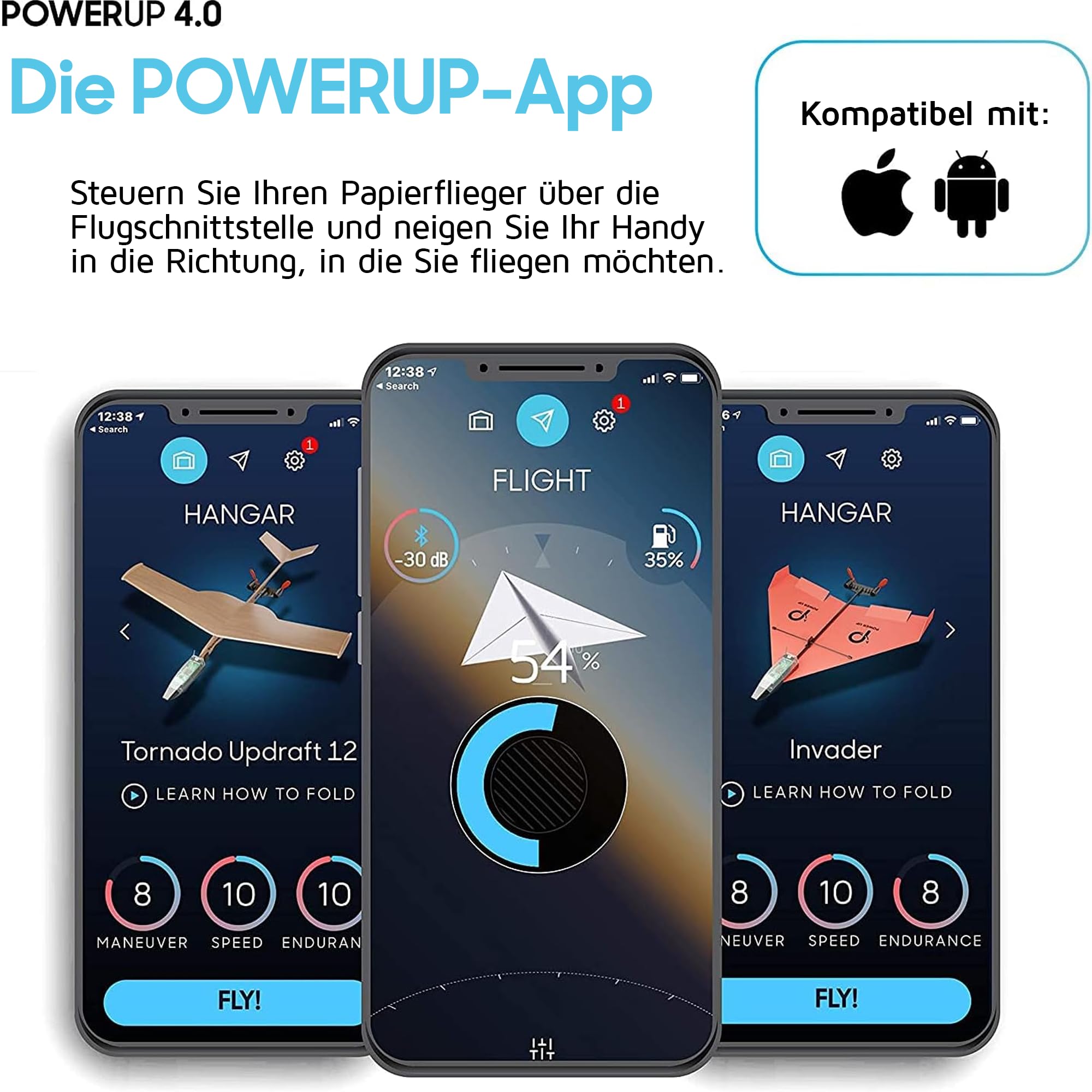 POWERUP 4.0. Smartphone gesteuertes Papierflugzeug Set der nächsten Generation. Einfache Handhabung durch Autopilot Funktion und integriertes Gyroskop. Für alle Hobbyflieger und begeisterten Piloten.