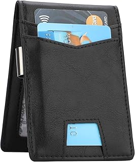 Slim Minimalist Front Pocket Wallet with Money Clip for Men, Genuine Leather RFID Blocking