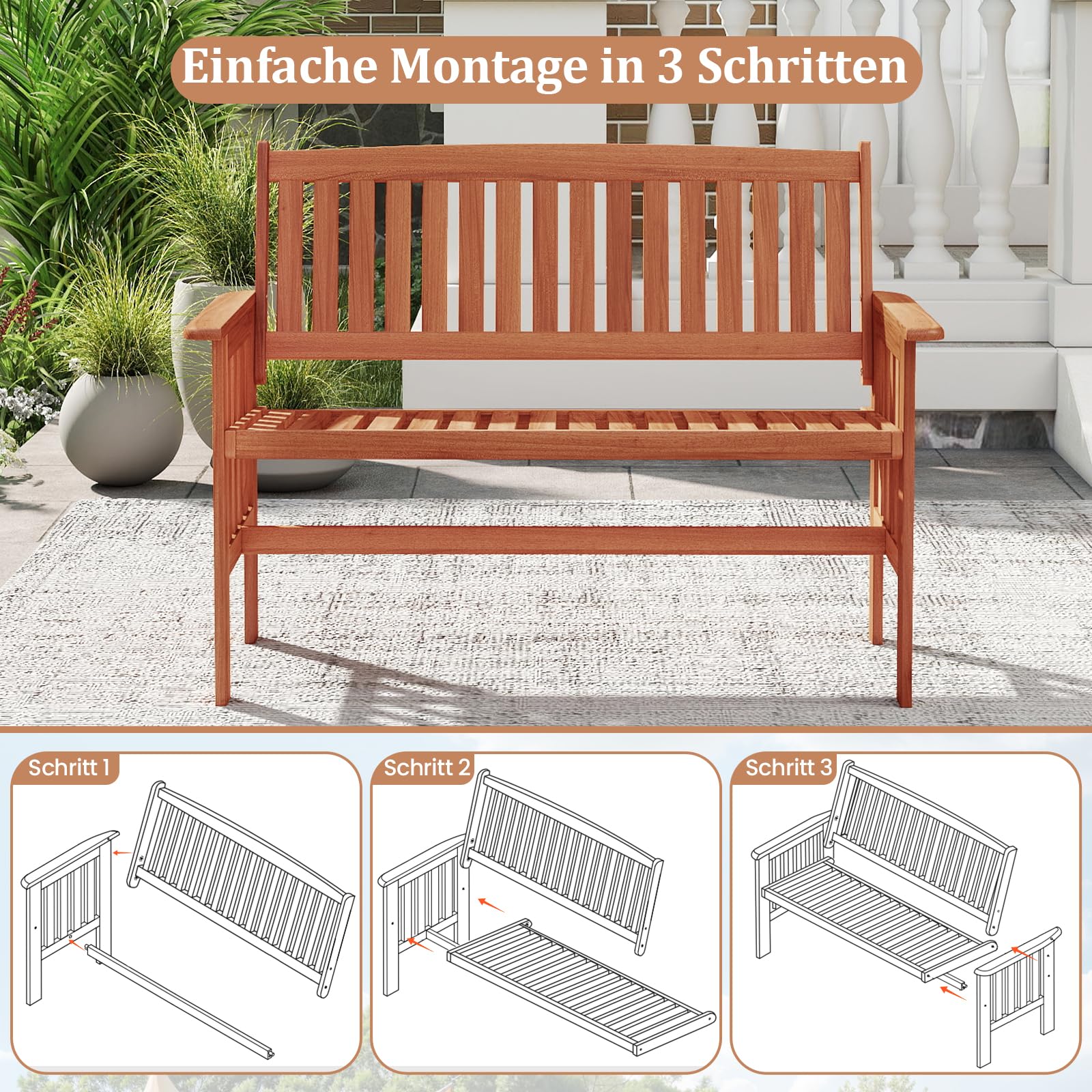 COSTWAY Gartenbank Holz, Holzbank wetterfest, 2-Sitzer Sitzbank, Balkonbank mit Armlehnen, Terrassenbank, Parkbank für Garten, Balkon, Terrasse, 119 x 59,5 x 89 cm
