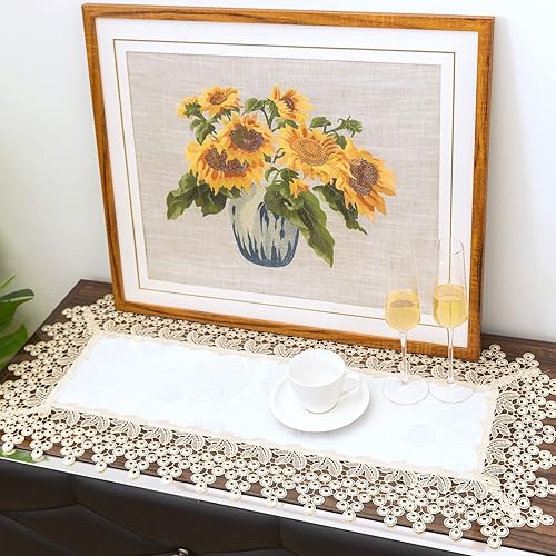 Camino de mesa rectangular de encaje beige premium estilo granja, impermeable, a prueba de aceite, a prueba de derrames, antiencogimiento, suave,