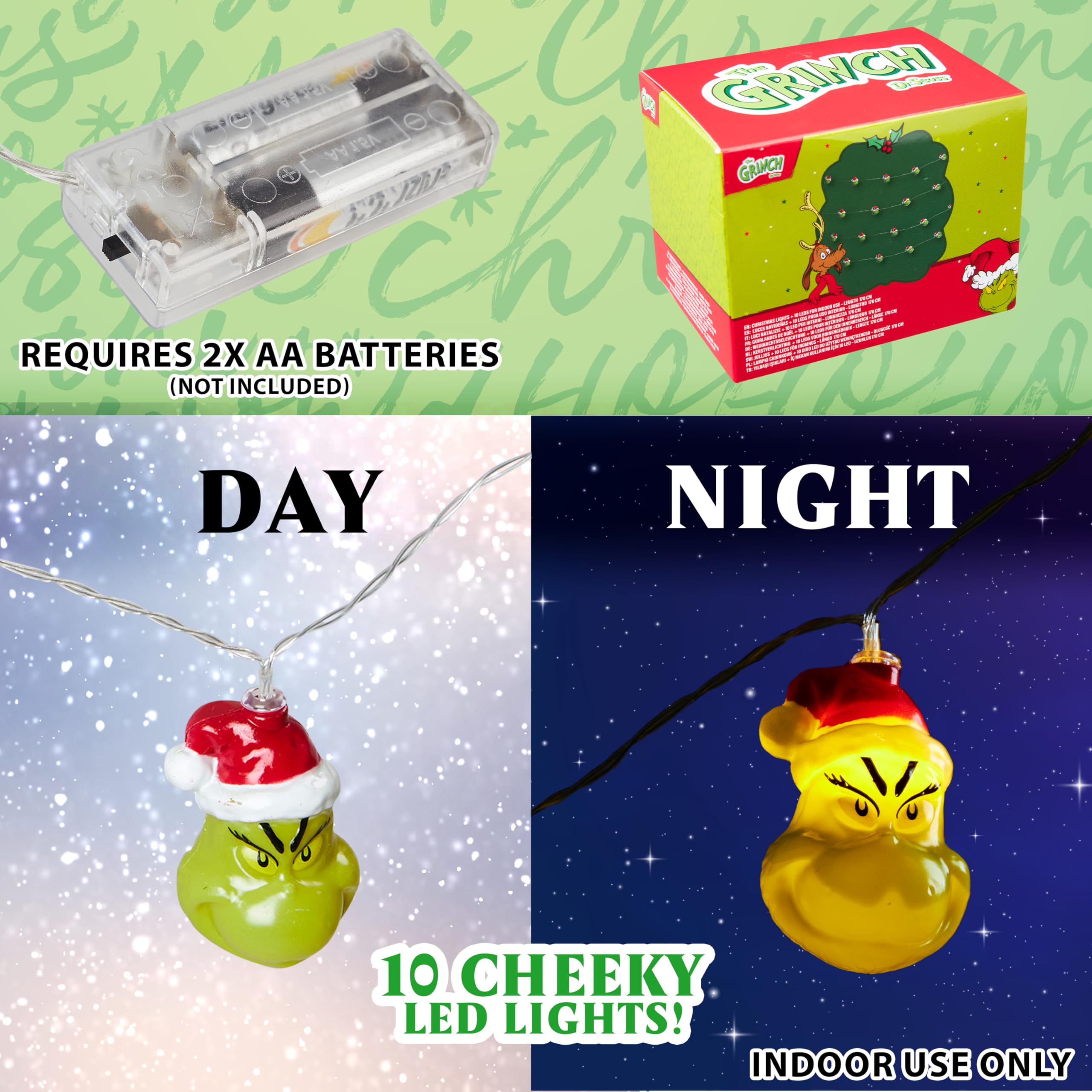 The Grinch LED Lichterkette – 1,4m, 10 Warmweiße LEDs, Batteriebetrieben (2x AA) – Lustige Weihnachtsdeko Für Fenster, Regal & Baum