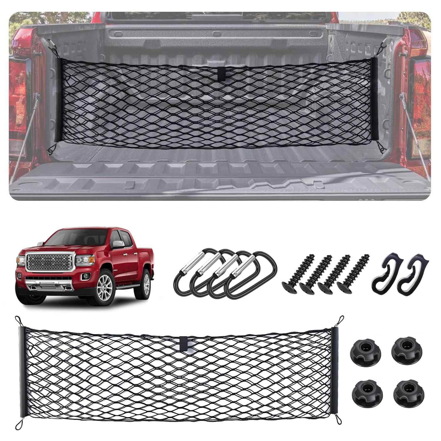 Envelope Style Cargo Net for 2023-2026 Chevy Colorado&amp;GMC Canyon Accessories, Trunk SUV Mesh Cargo Net, Upgraded 5mm Bungee &amp; Double-layer Nylon Storage Tailgate Netting Grocery&amp;Tools Holder Organizer