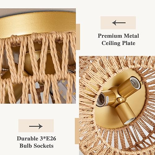 Miniatura 4 de Lámparas de techo de ratán, montaje en techo, 3 luces, lámpara de techo de montaje empotrado estilo boho, lámpara de sombra de jaula tejida a mano,