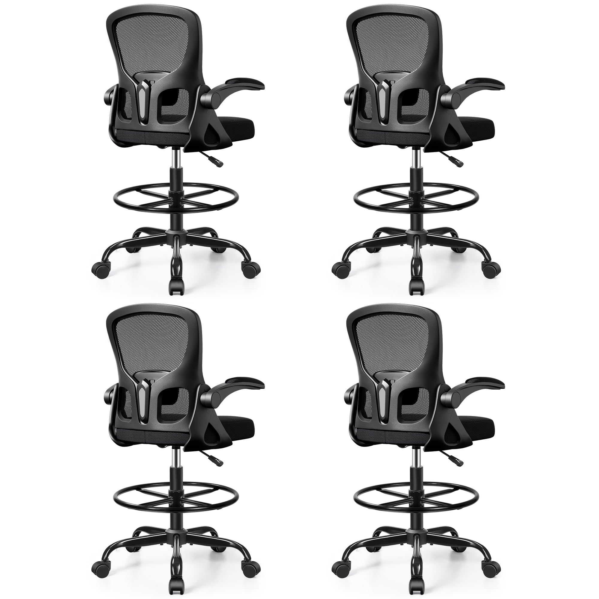 4-Pack Drafting Chair Tall Office Chair for Standing Desk - Ergonomic Computer Work Stool with Flip-up Arms, Foot Ring &amp; Adjustable Lumbar Support. Ideal for Studio, Artist,Study (Black)