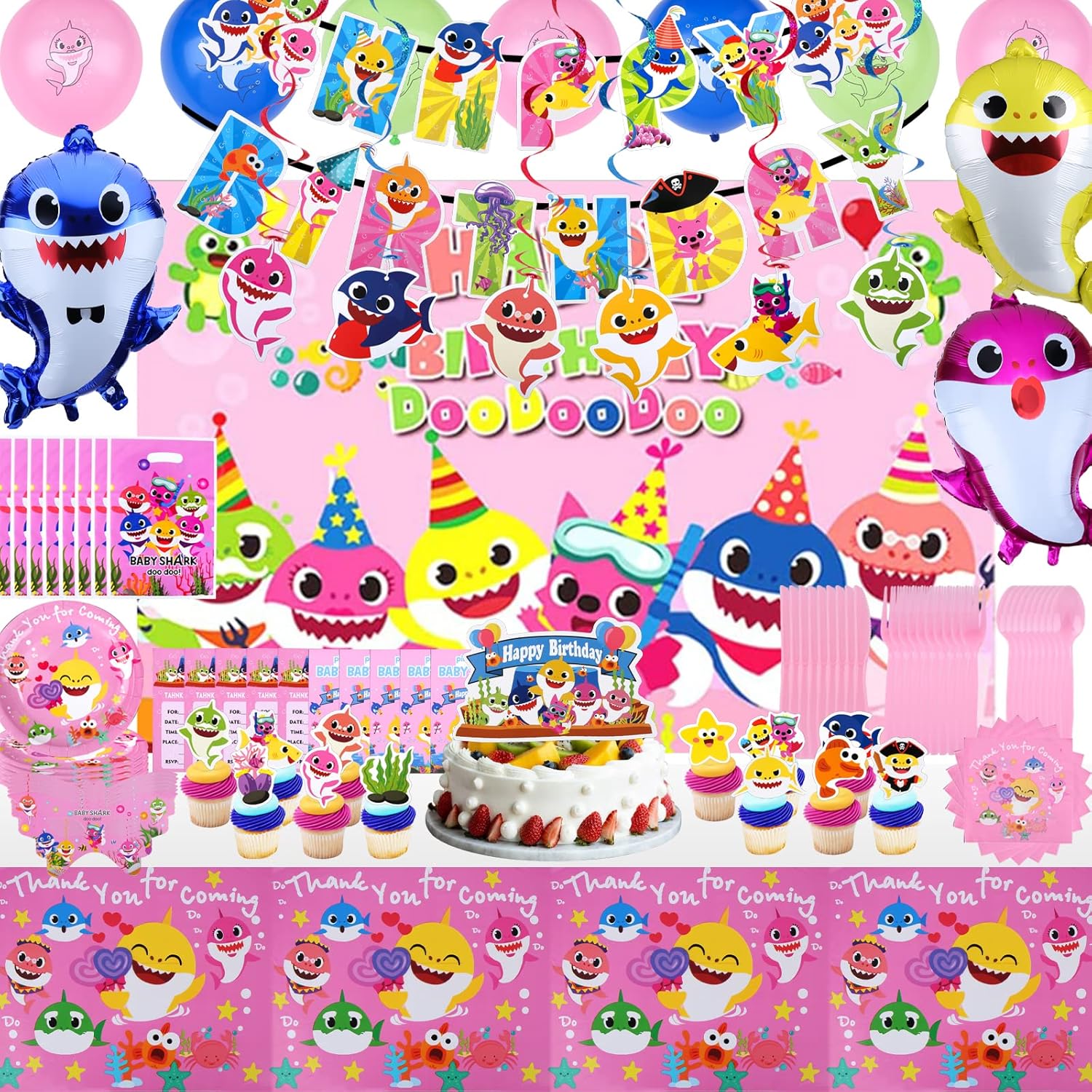 145pcs New Shark Party Supplies, Pink Shark Birthday