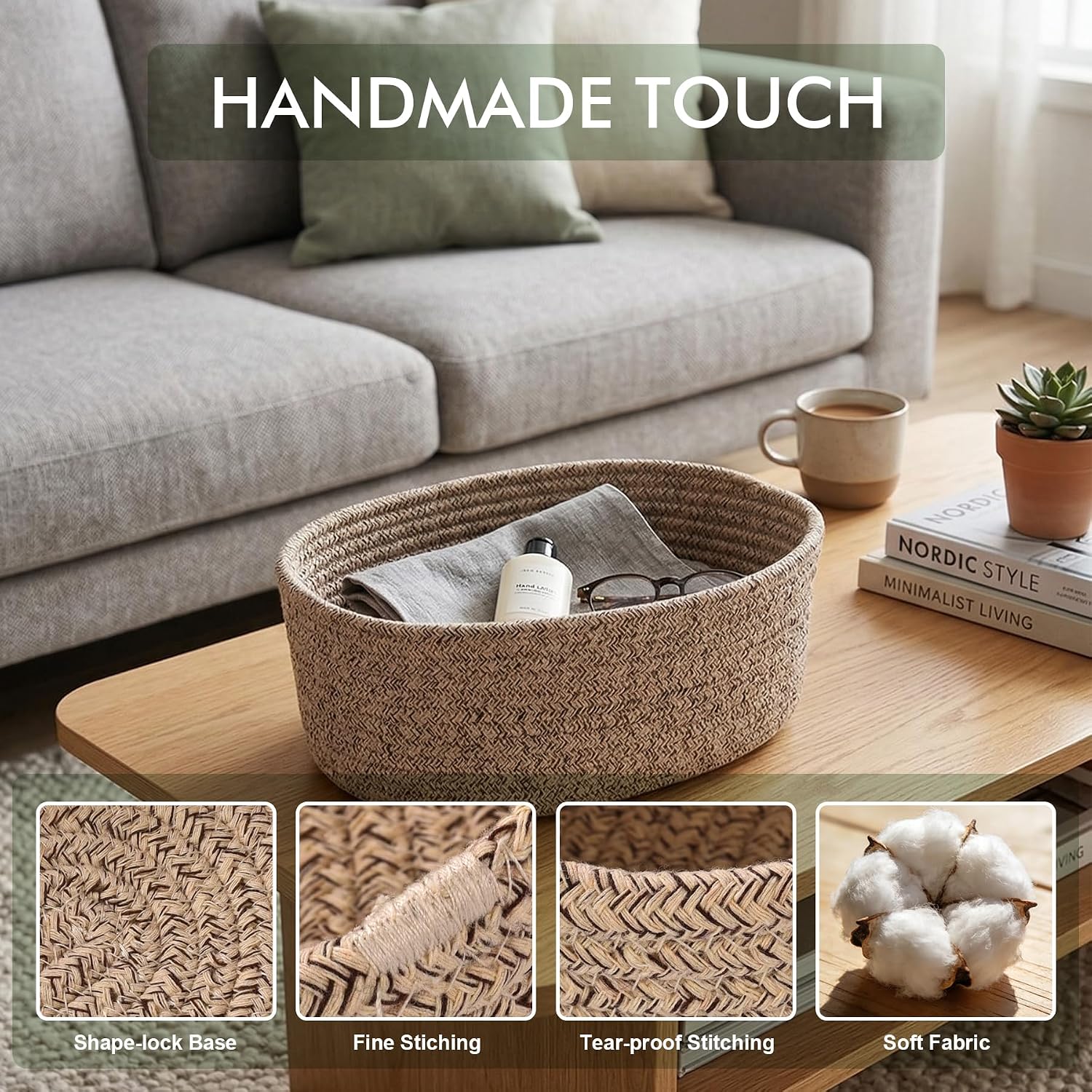 Woven Fabric Storage Baskets - 5 Pack Small to Large Graduated Size Set Soft Rope Shelving Organizers Boho Home Containers for Warm Relaxed Cozy Room Decoration (Flax Brown)
