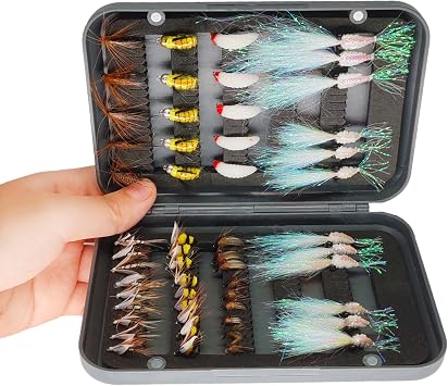53pcs Fly Fishing Flies Artificial Bait Fishing for Trout Bass with Dry/Wet Flies with Fly Box