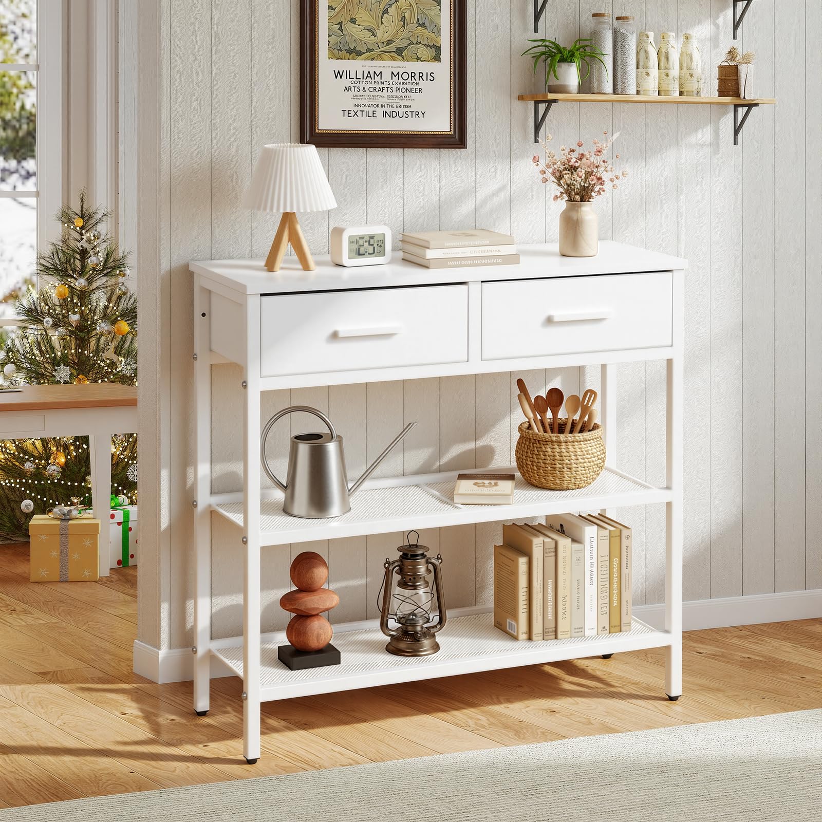 Panana Slim Console Table, Hallway Table with 2 Non-woven Drawers, 3-Tier Sofa Table with Storage for Small Spaces, Living Room, Office, L75xW24xH76.5cm (White)