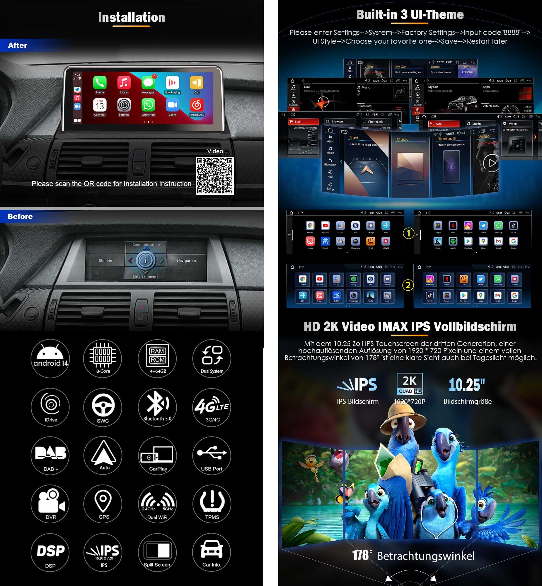Erisin 10.25" Android 14 8-Core 4GB RAM+64GB ROM Autoradio Bluetooth 5.0 per BMW X5 E70 X6 E71 CIC Sistema Supporta GPS Navigatore IPS iDrive OEM Senza fili CarPlay Android Auto WiFi DAB+4G USB CANBUS
