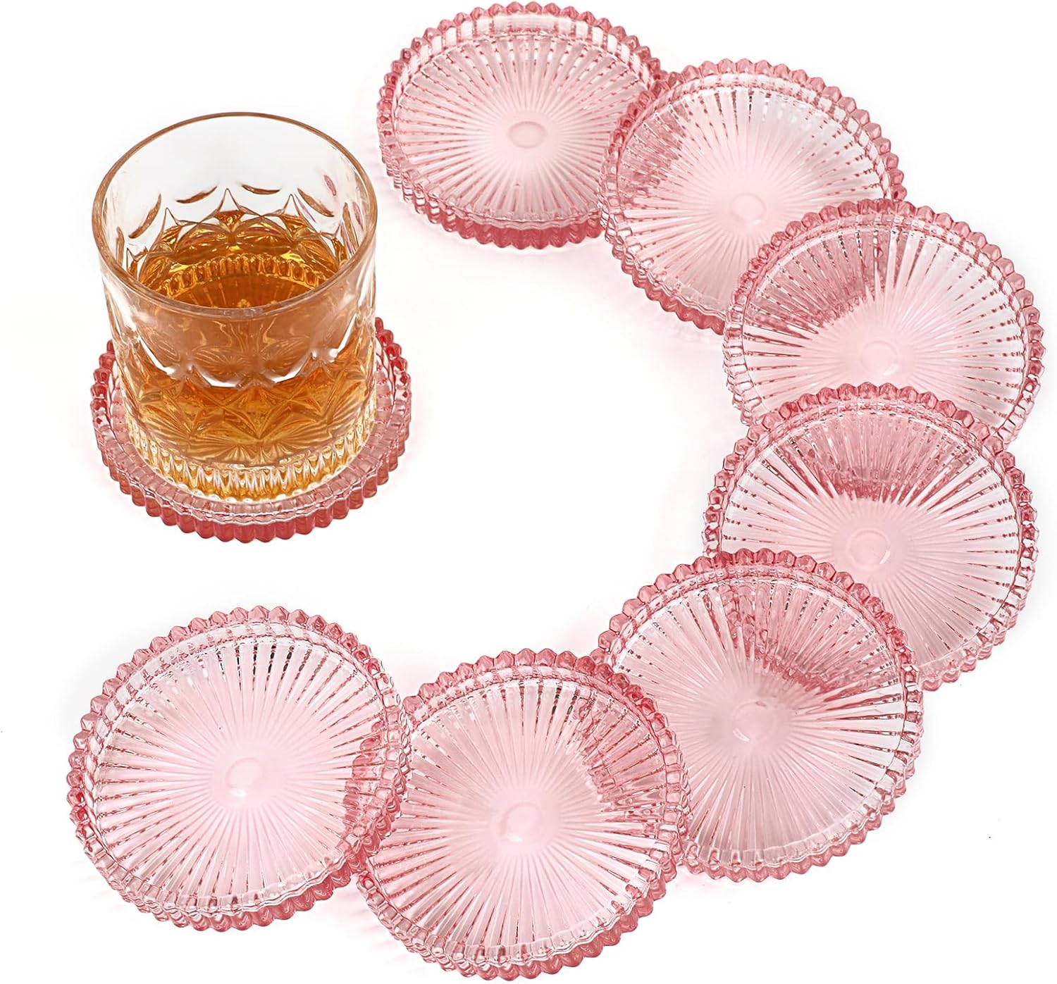 Modern Clear Glass Coaster Set of 8- Coffee Table Coasters, Crystal Coaster Round Cup Mats, Coasters for Office, Kitchen, Bar, Dining Room, Living Room, Patio(Clear Pink)