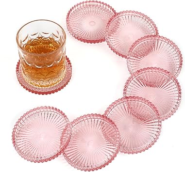 Modern Clear Glass Coaster Set of 8- Coffee Table Coasters, Crystal Coaster Round Cup Mats, Coasters for Office, Kitchen, Bar, Dining Room, Living Room, PatioClear Pink