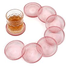 Modern Clear Glass Coaster Set of 8- Coffee Table Coasters, Crystal Coaster Round Cup Mats, Coasters for Office, Kitchen, Bar, Dining Room, Living Room, PatioClear Pink