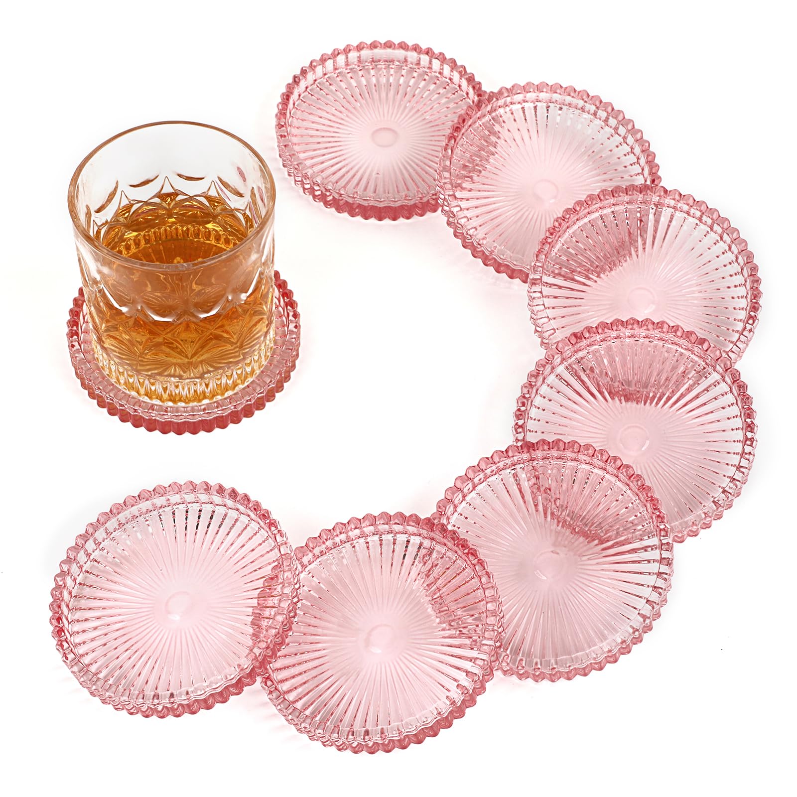 OGANAZI Modern Clear Glass Coaster Set of 8- Coffee Table Coasters, Crystal Coaster Round Cup Mats, Coasters for Office, Kitchen, Bar, Dining Room,