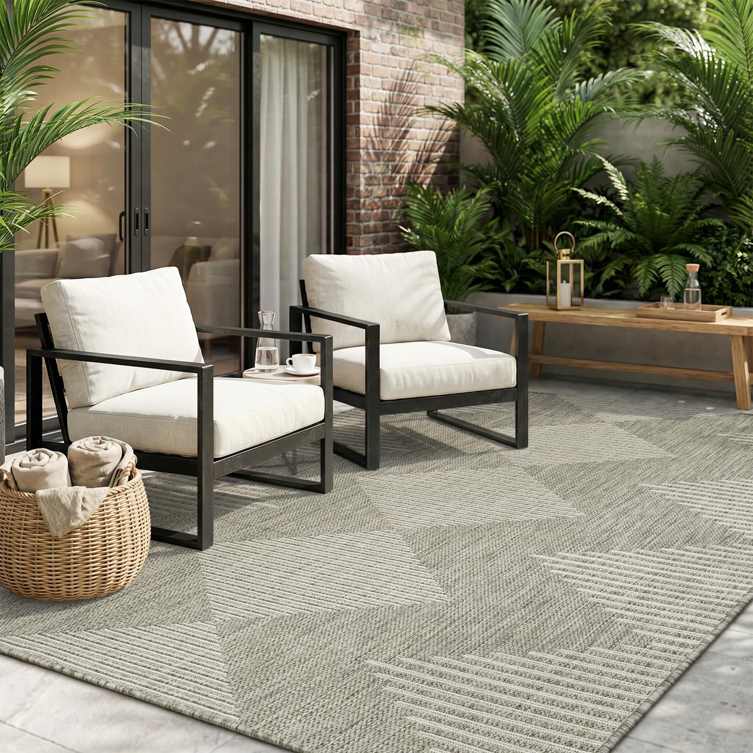 Photo 1 of MontVoo Outdoor Rug - 5'x7' Polypropylene, Geometric Boho Style, Grey Ivory
