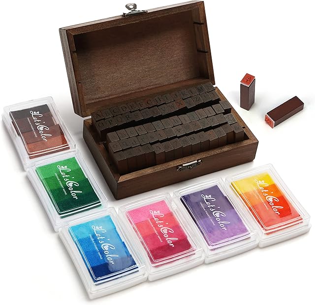 Kurtzy Wooden Rubber Alphabet Letter, Number & Symbol Stamp Set - 6 Colourful Ink Pads & Vintage Storage Box - Multipurpose Stamps for DIY Arts & Craft Card Making & Planner/Scrapbooking Decorating