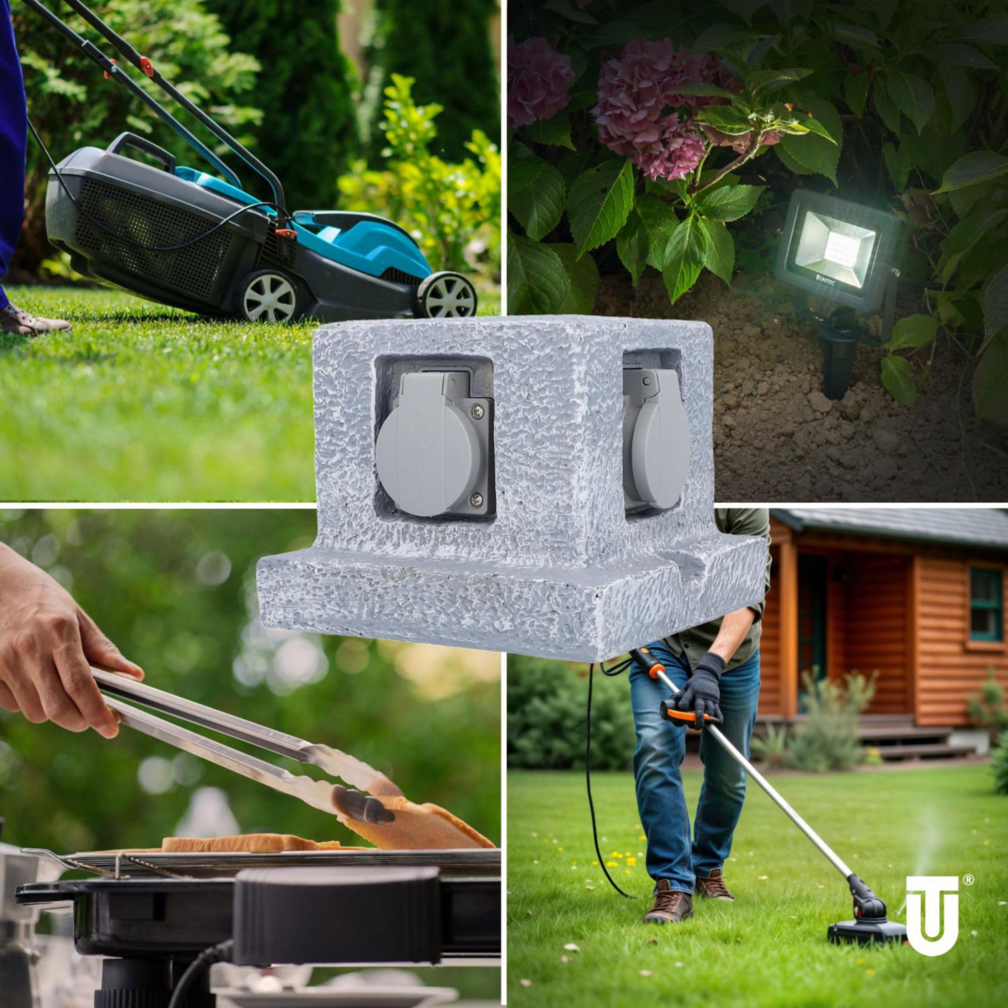 UNITEC Distributore di prese da giardino effetto pietra, presa da giardino, presa esterna, IP 44, 4 prese, colonna