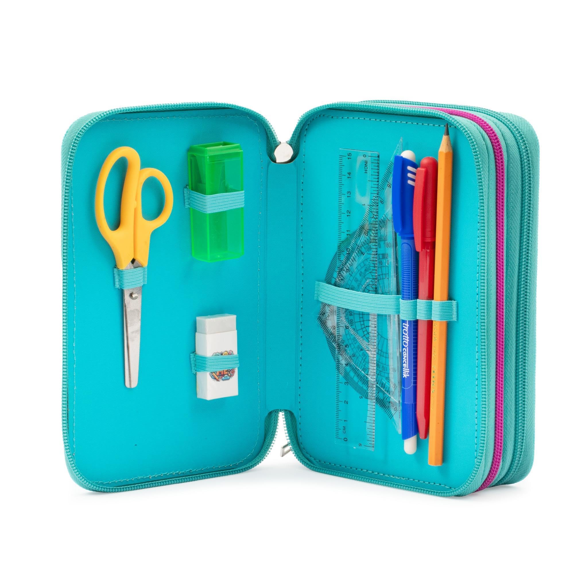 Go Pop - Astuccio Triplo Scuola Turtle Bloom Con 3 Zip E 3 Scomparti, Contiene 18 Matite Colorate, 18 Pennarelli e altri Pratici Oggetti per la Scuola,13 l x 19,5 h x 6,5 p