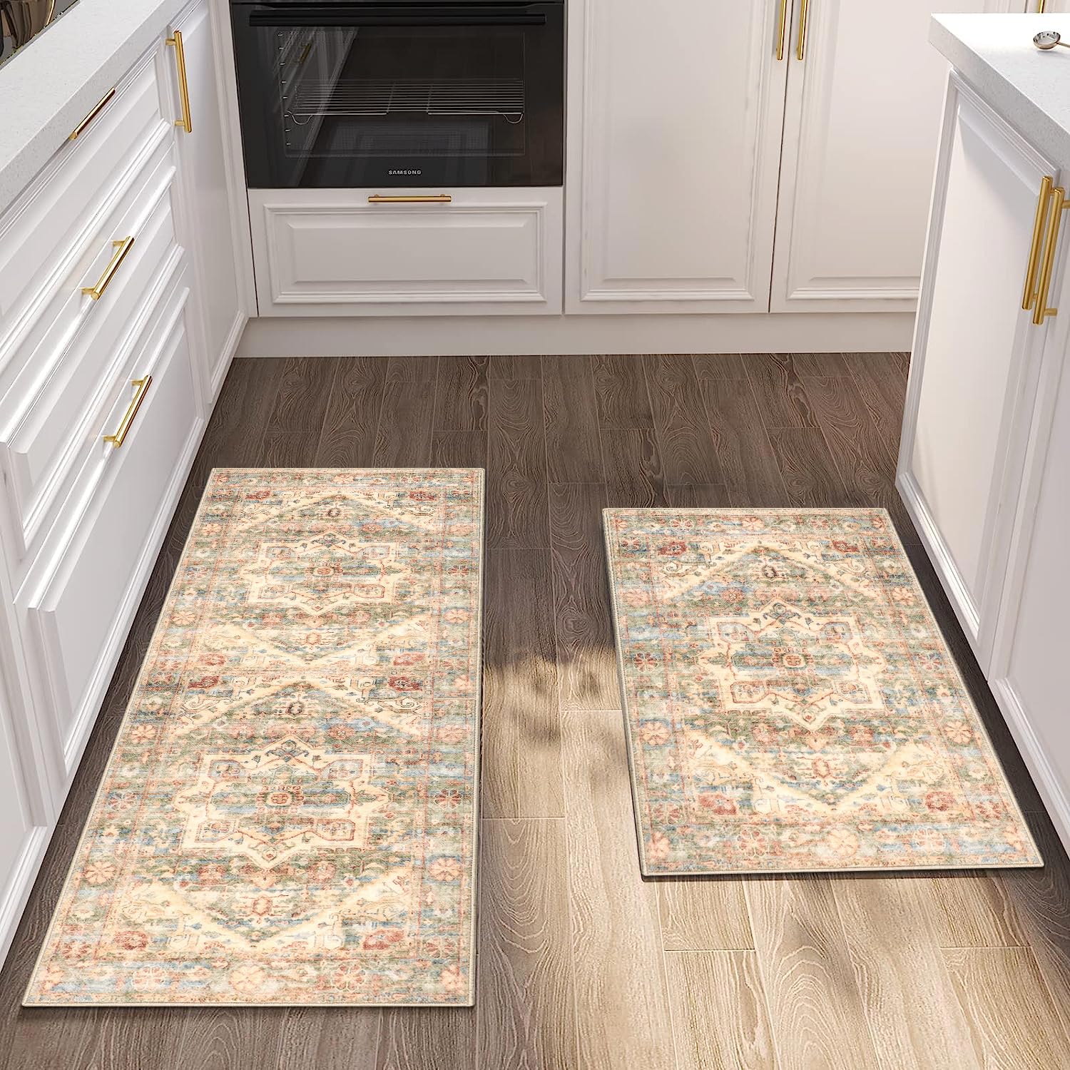 Cekene Alfombra vintage para cocina, antideslizante, envejecida, lavable a máquina, pelo corto, para cocina, entrada, dormitorio, cuarto de lavado (verde, 50 x 80 cm + 50 x 120 cm) OEKO-TEX STANDARD 100