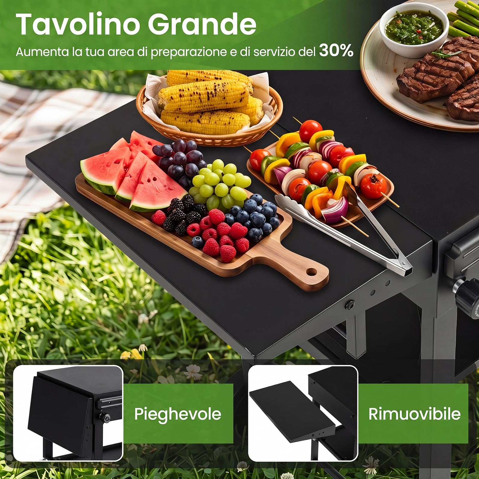 COSTWAY Carrello per Barbecue con 4 Ruote, per Festa e Campeggio | Carrello per Grill da Esterno con Portaspezie Apribottiglie Portautensili Magnetico e Ganci, Isola da Cucina, 118x43x88 cm