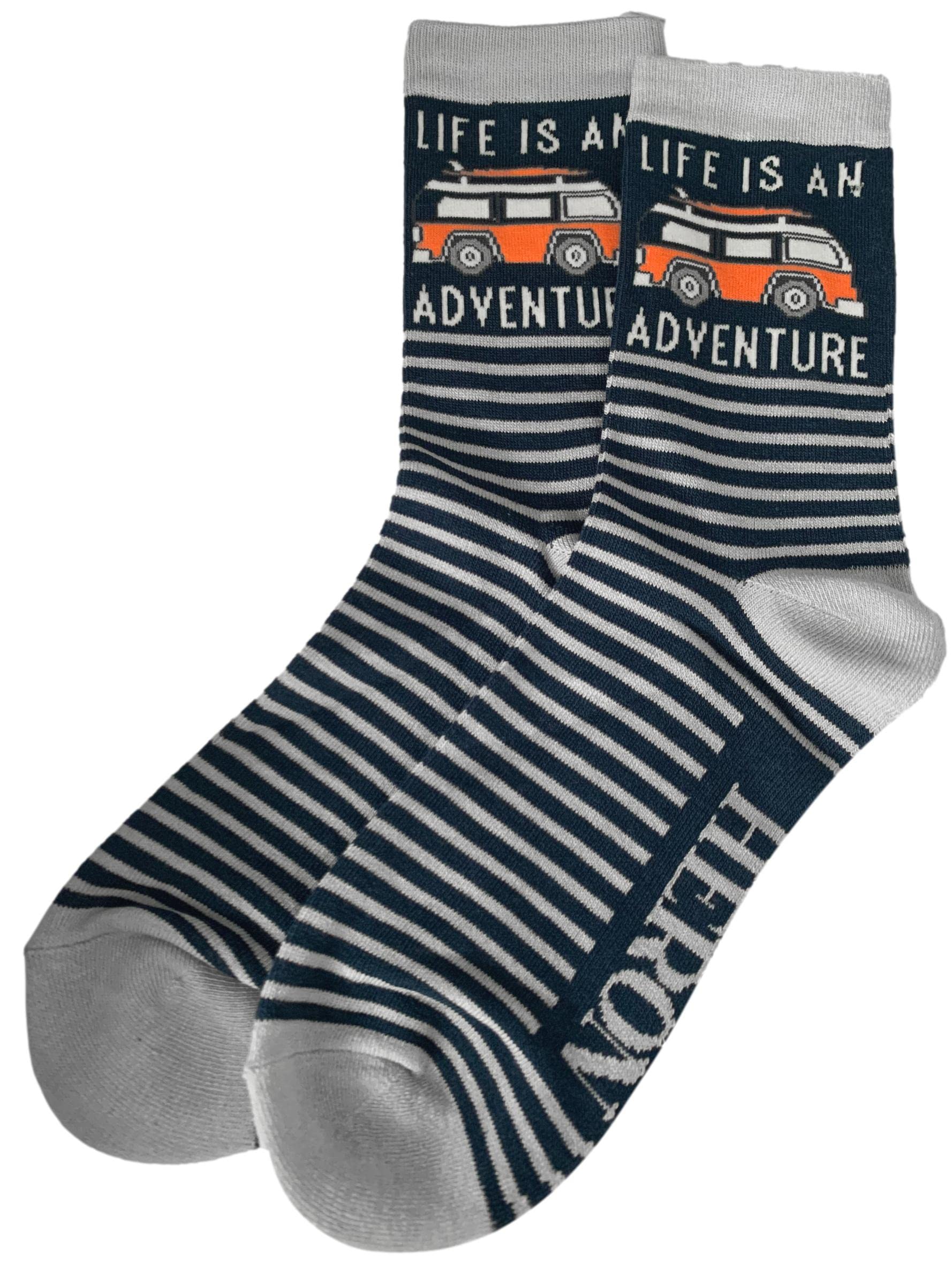 Purple Possum® Mens Socks Camper Van Pattern Novelty Fun Striped Bamboo Cotton Blend UK Shoe Size 8-12 Camper Van (Navy/Grey)