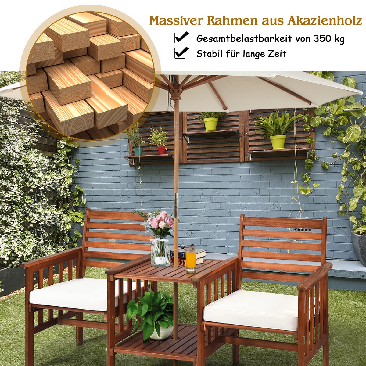 COSTWAY Tuinbank met tafel, 2-zits houten bank met parasolgat, 165 x 60