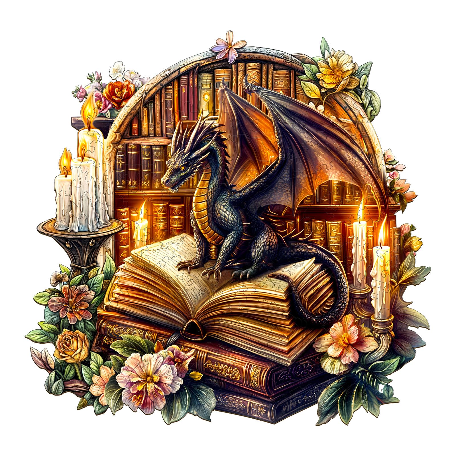 Wooden Puzzles for Adults 290pcs Dragon's Library Wood Jigsaw Puzzles for Adults Unique Animal Shape Puzzles with Wooden Box
