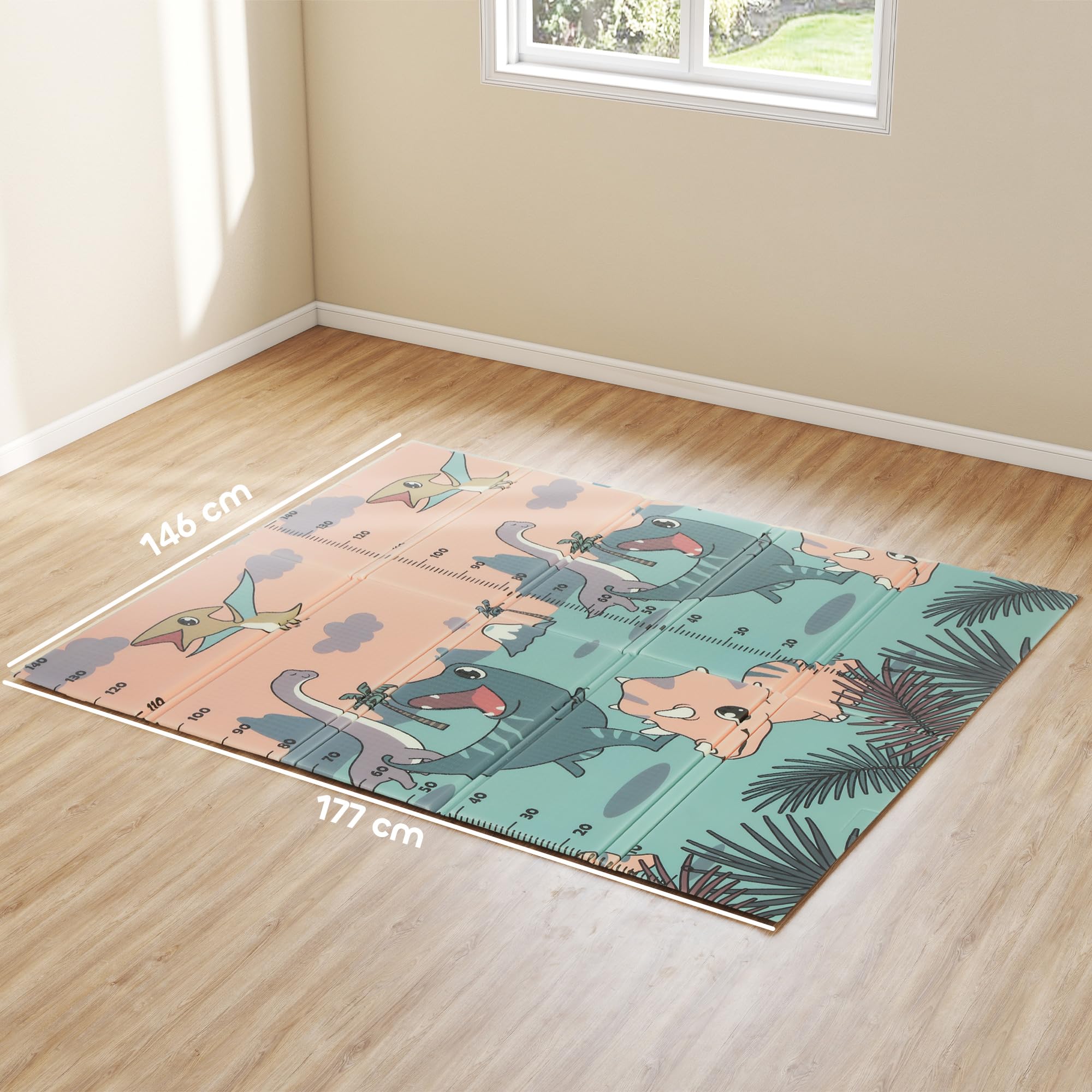AIYAPLAY Baby-Spielmatte faltbar 177 x 146 x 1,5 cm Dinosaurier-Motiv | Doppelseitig, wendbare Spielmatte, wasserdichte Schaumstoff-Krabbelmatte, für Innen & Außen Picknick