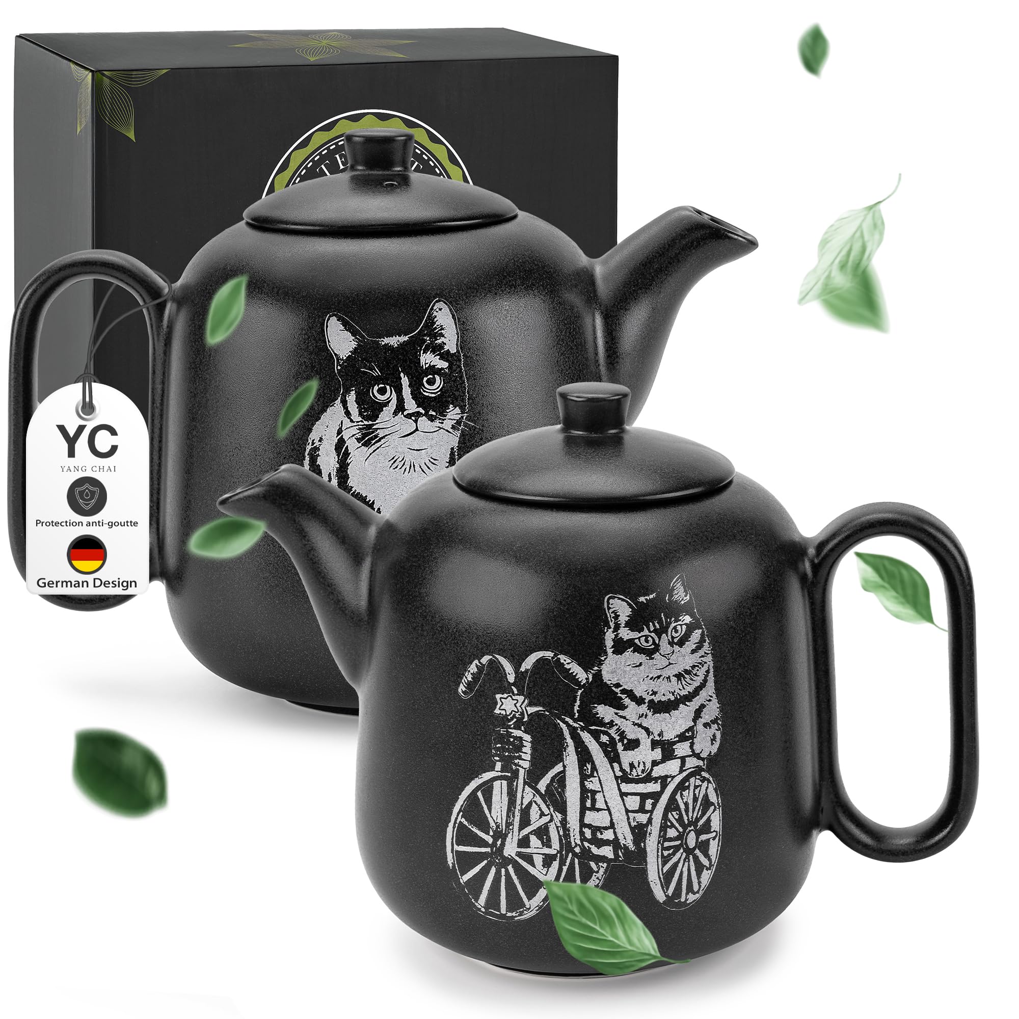 YC Yang Chai Théière avec Réchaud - Céramique Noir Mat 1,3L - Théière avec Infuseur - Artisanale, Antigoutte & Résistante à la Chaleur - Chaleur longue Durée - YC GATOLO