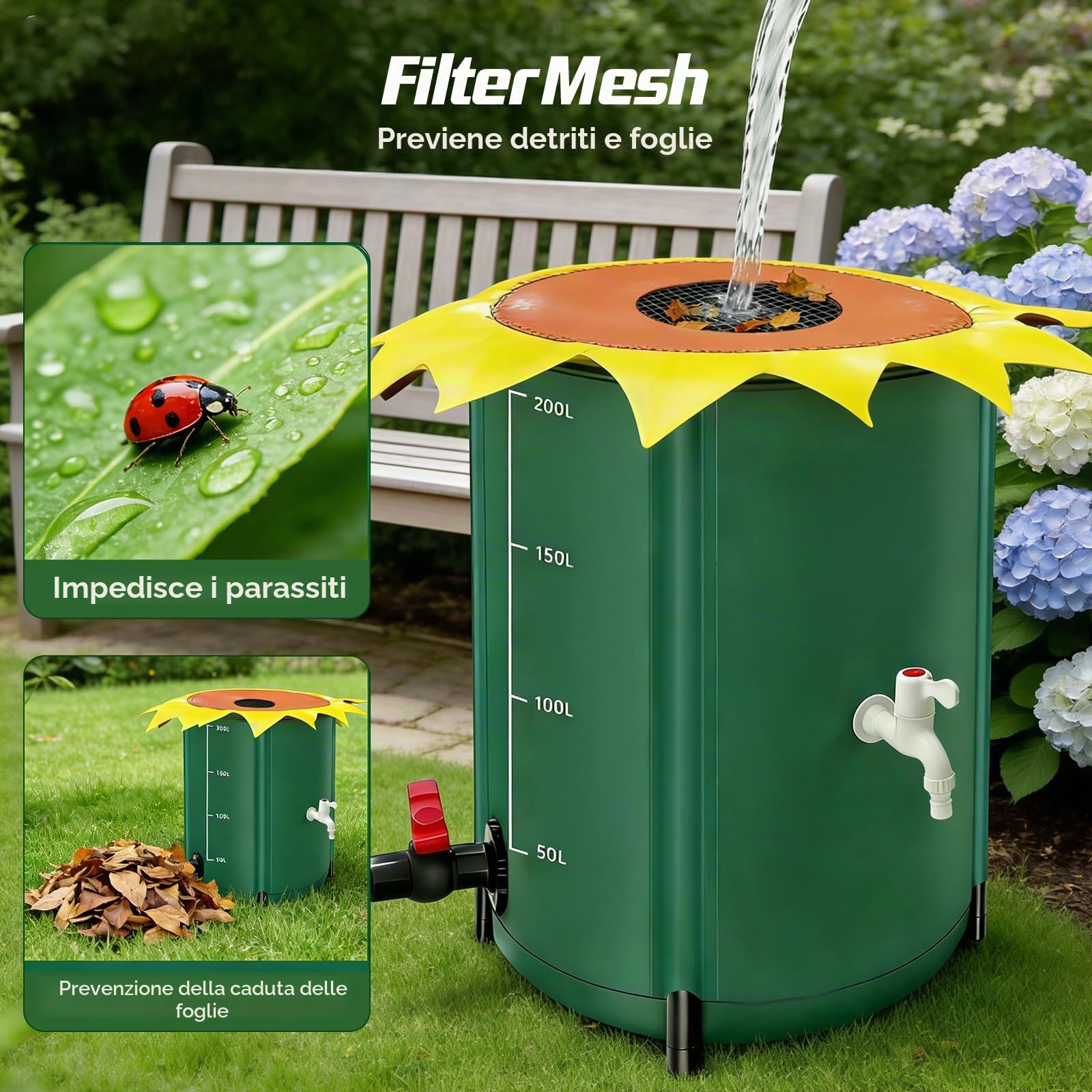 Cisterna pieghevole da 200 litri, a forma di fiore, serbatoio dell'acqua piovana con rubinetto, serbatoio dell'acqua piovana impermeabile con tappo e kit di troppopieno, serbatoio d'acqua da giardino