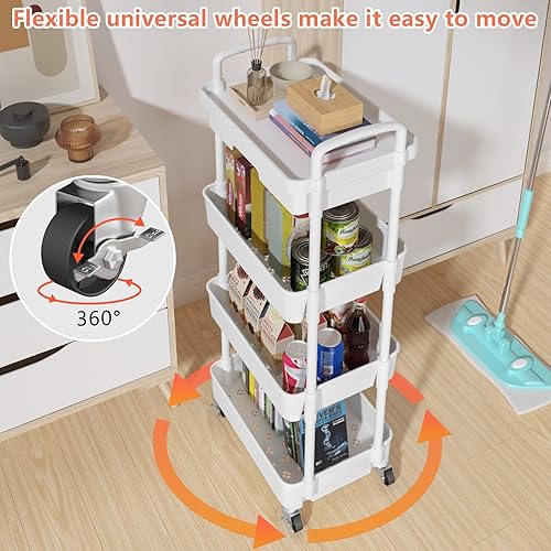 Miniatura 8 de Calmootey Carrito utilitario de 4 niveles con cajón, organizador de almacenamiento multifuncional con estante de plástico y rueda de metal, carrito