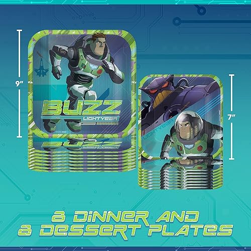 Miniatura 5 de Amscan Buzz Lightyear - Paquete de vajilla para fiesta, 8 platos cuadrados para cena y postre, 16 servilletas de almuerzo y bebidas, juego de