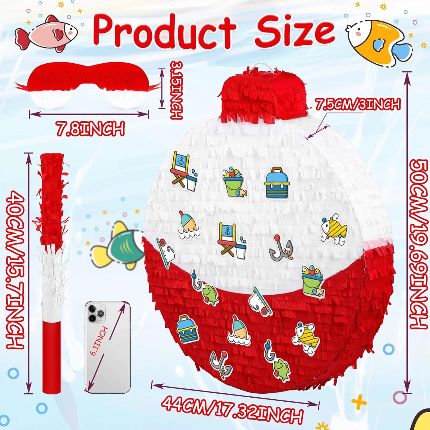 Large Fishing Bobber Piñata 19.7 Inch Fishing Birthday Party Decorations Gone Party Supplies with a Blindfold and Bat Confetti Stickers Adhesive Tape, 19.7 x 17.3 x 3 Inch