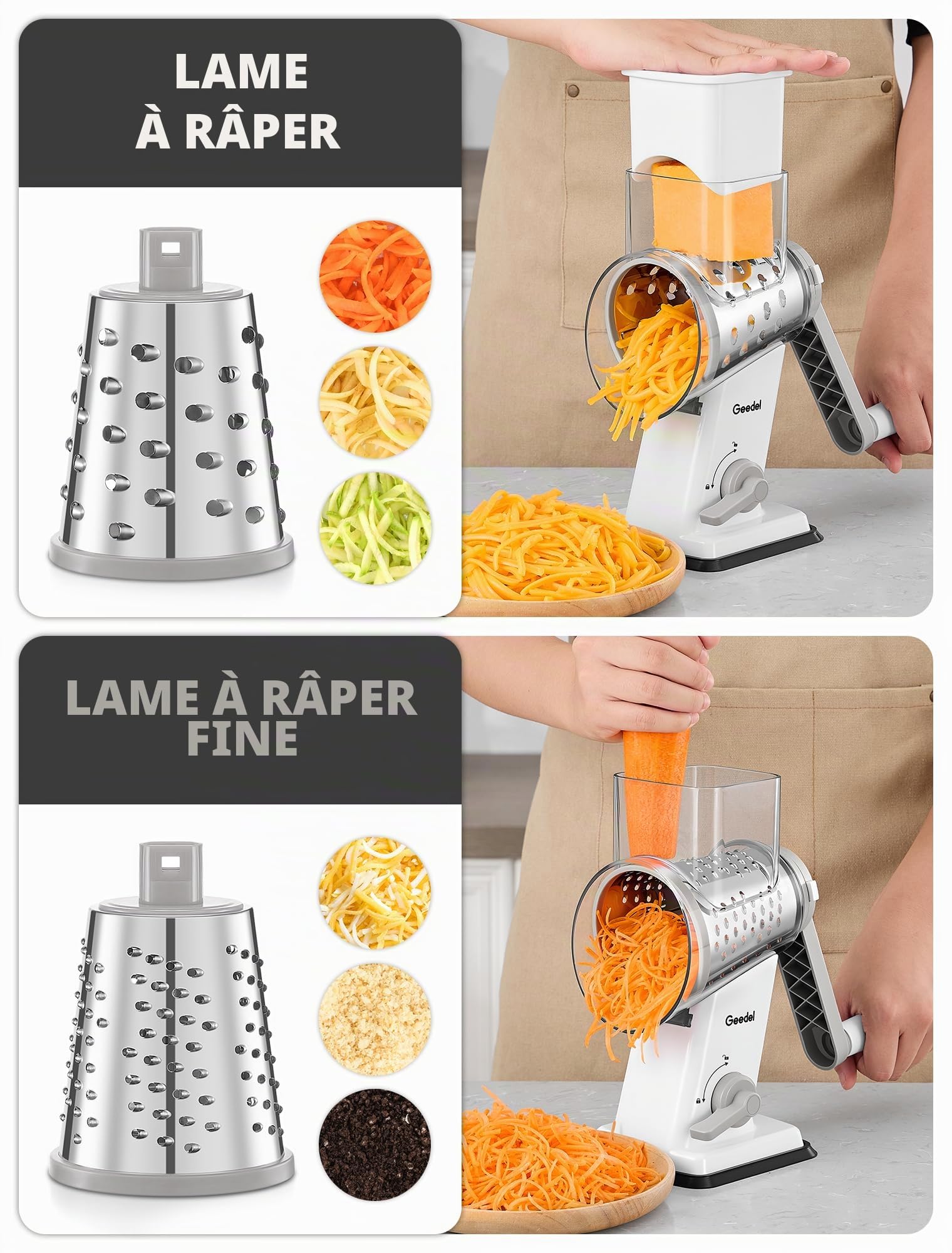 Geedel Rape a Fromage, Rapeuse Legume Multifonctionnelle avec 4 Lames Remplaçables, Rape Fromage avec Poignée, Decoupe Legumes Coupe Rapide, Facile à Nettoyer, Couper Carotte Concombre Patate, Blanc